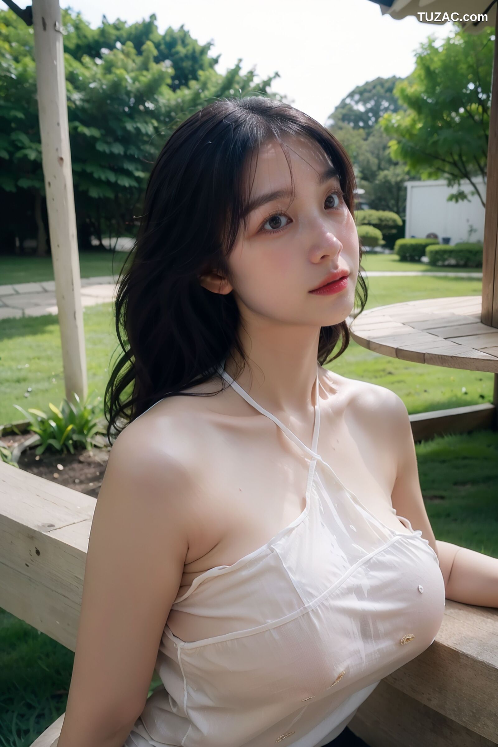 AI美女-拟实-乳白色肚兜户外