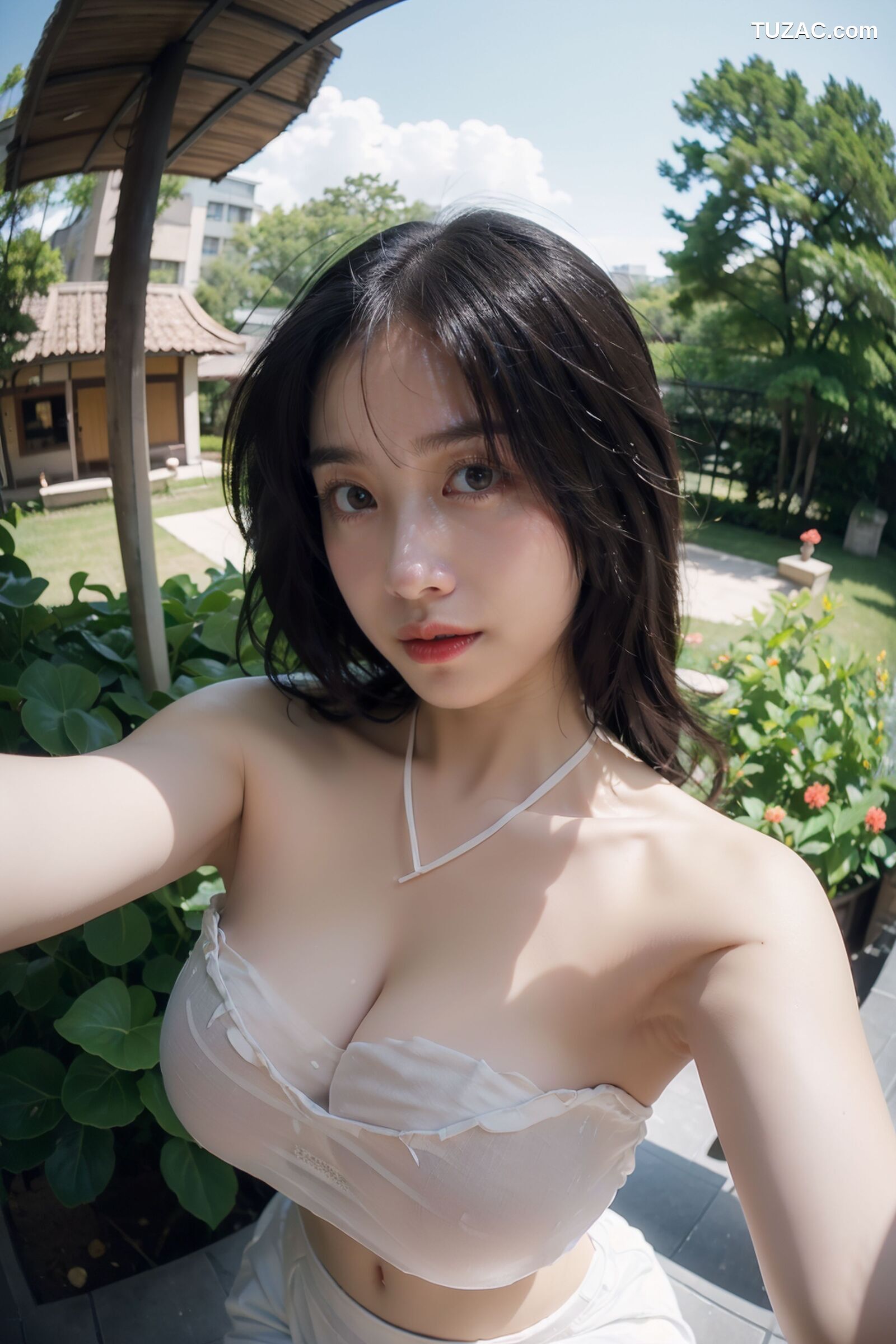 AI美女-拟实-乳白色肚兜户外
