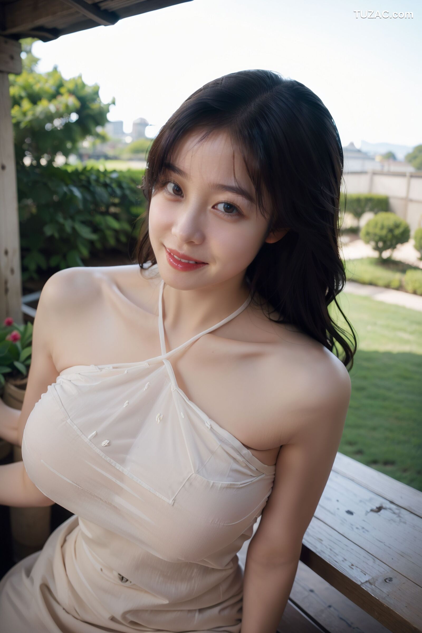 AI美女-拟实-乳白色肚兜户外