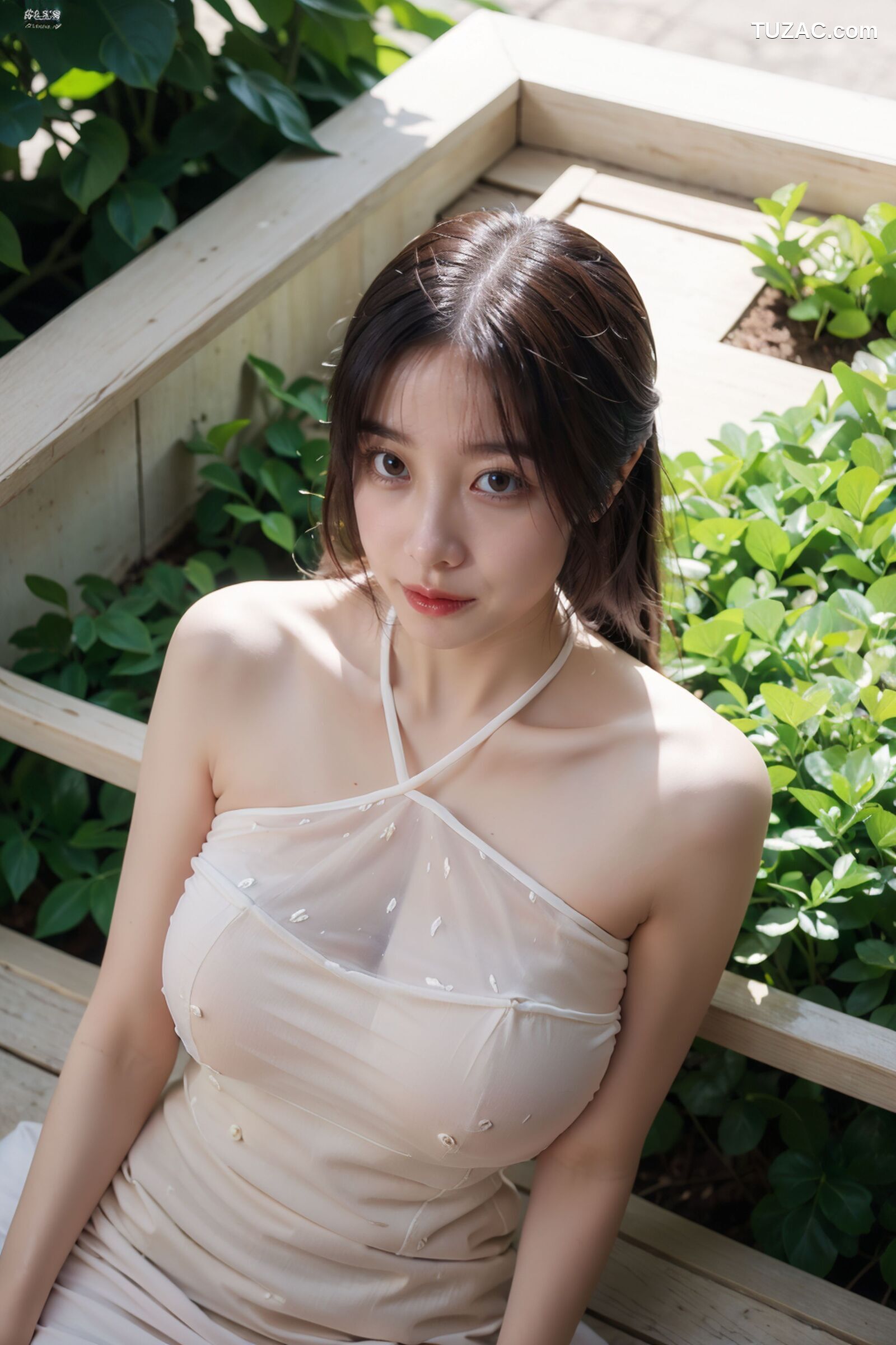 AI美女-拟实-乳白色肚兜户外