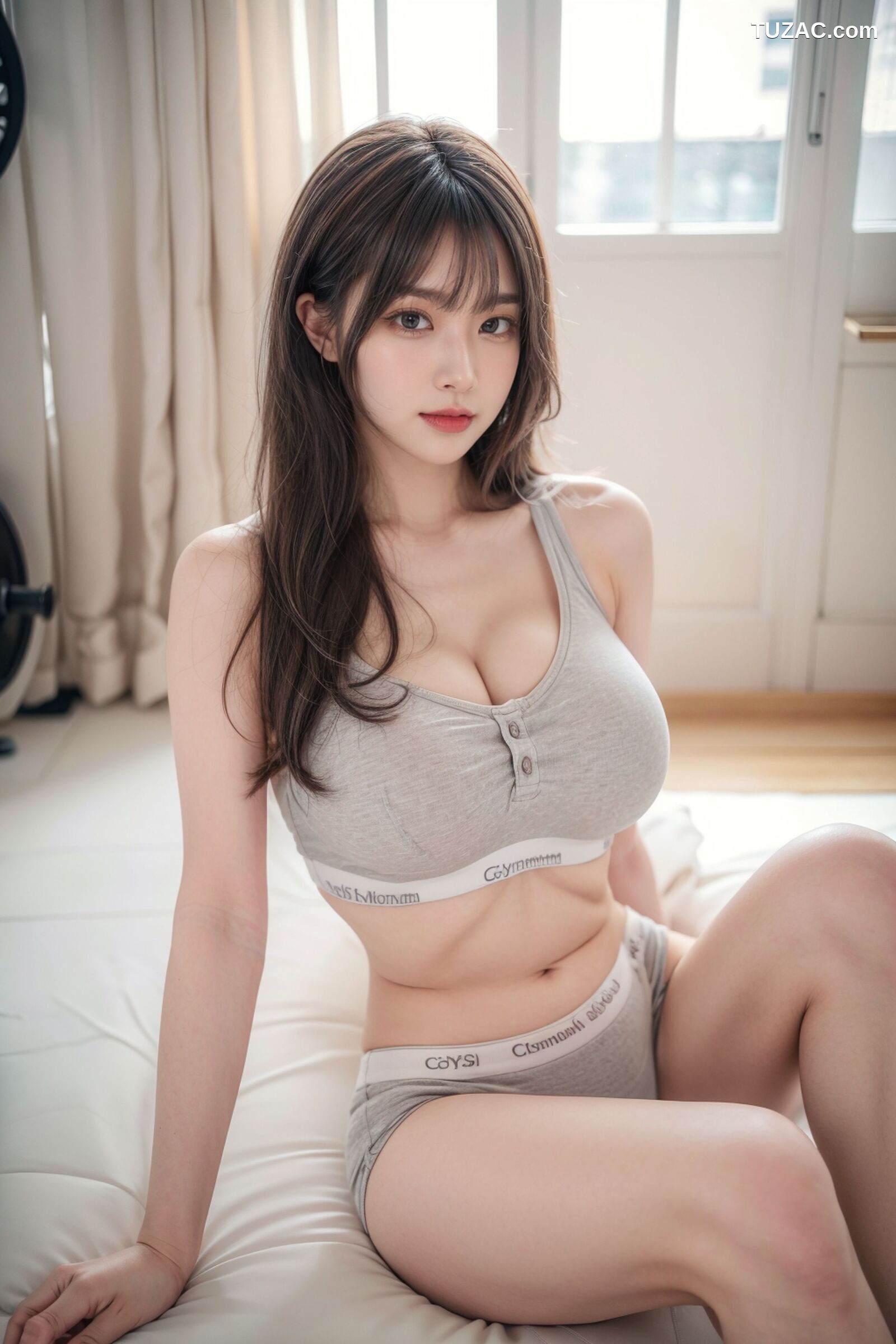 AI美女-拟实-健身房场景-灰色运动背心短裤