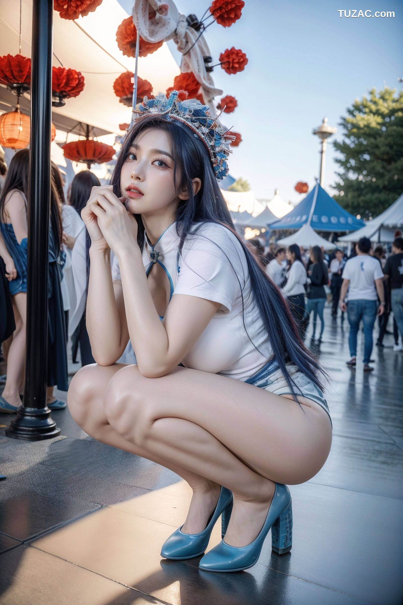 AI美女-拟实-古风女将头饰街拍