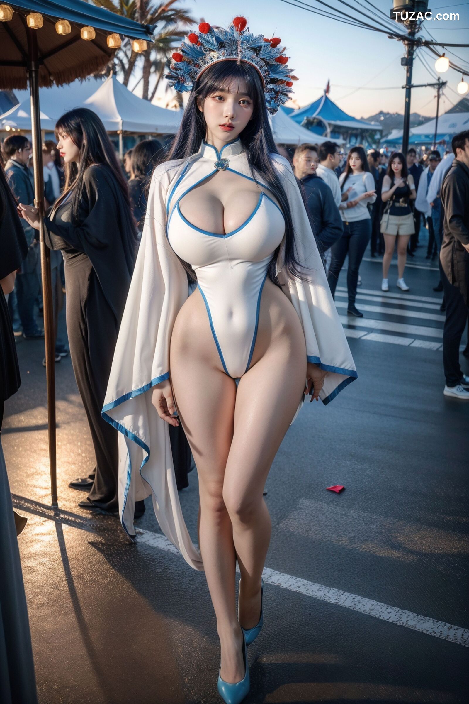 AI美女-拟实-古风女将头饰街拍