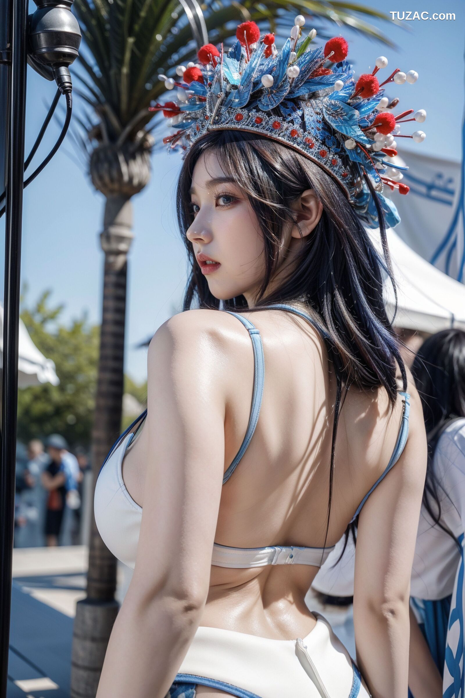 AI美女-拟实-古风女将头饰街拍