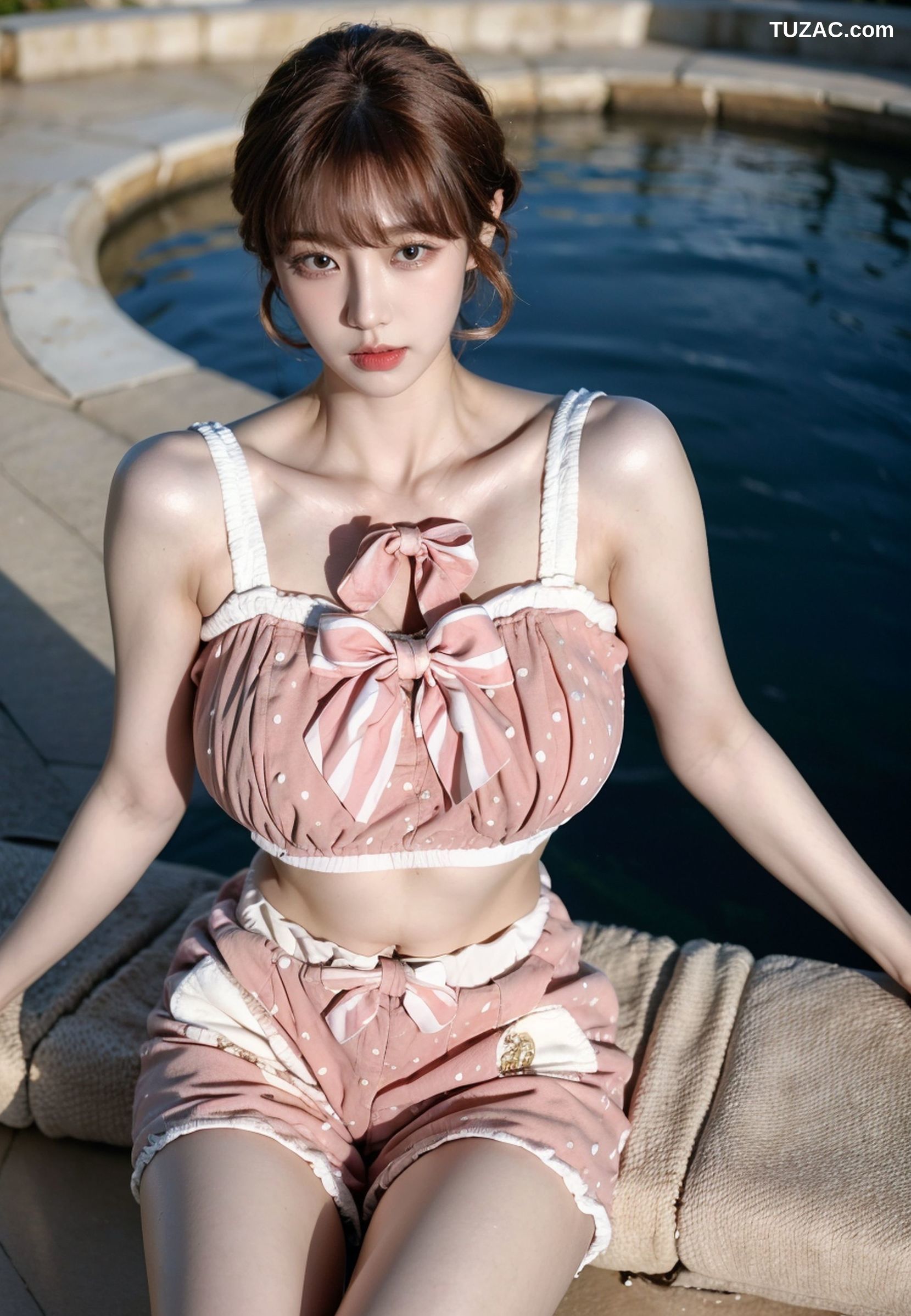 AI美女-拟实-可爱粉色吊带短裤户外