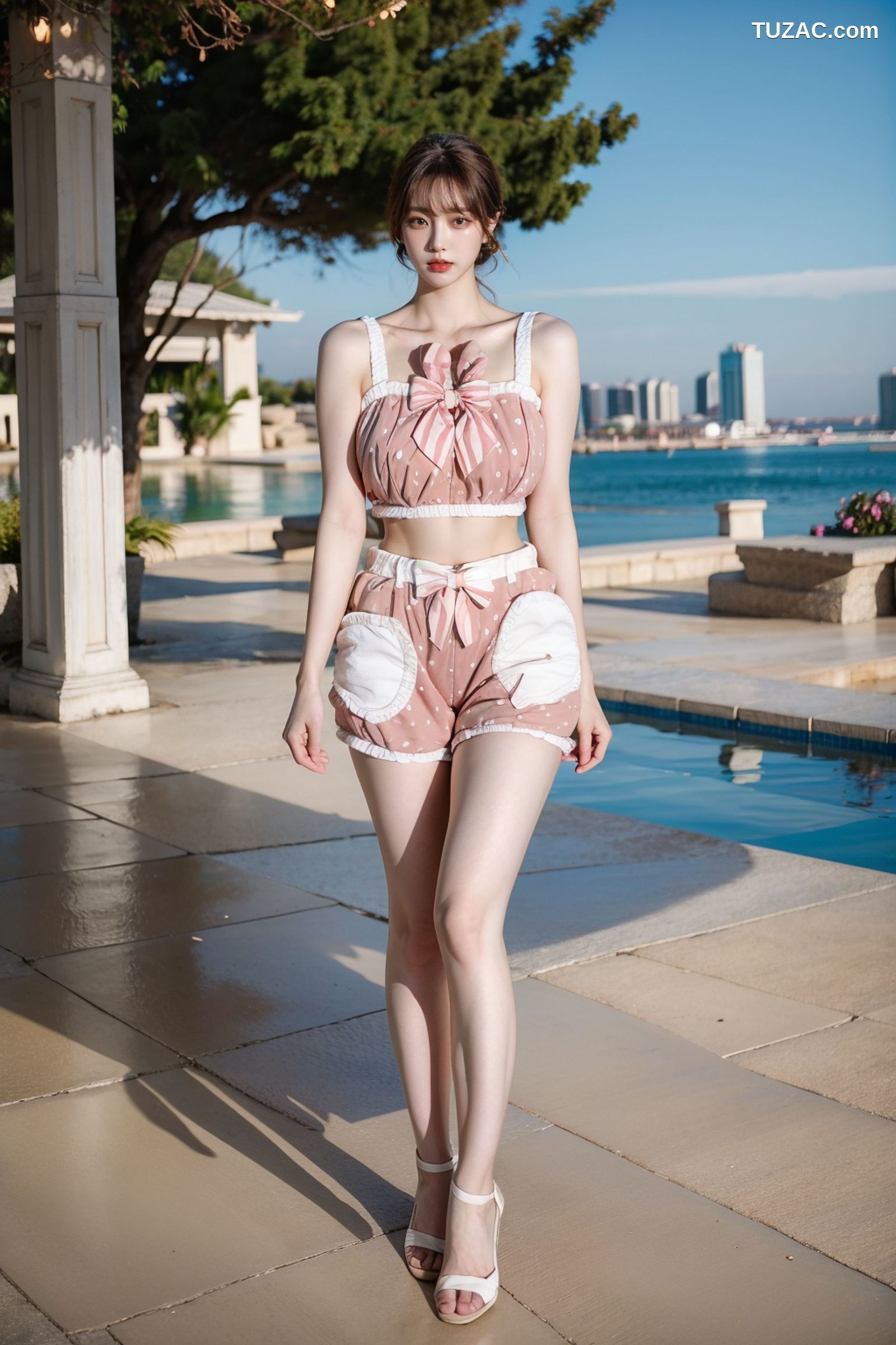 AI美女-拟实-可爱粉色吊带短裤户外