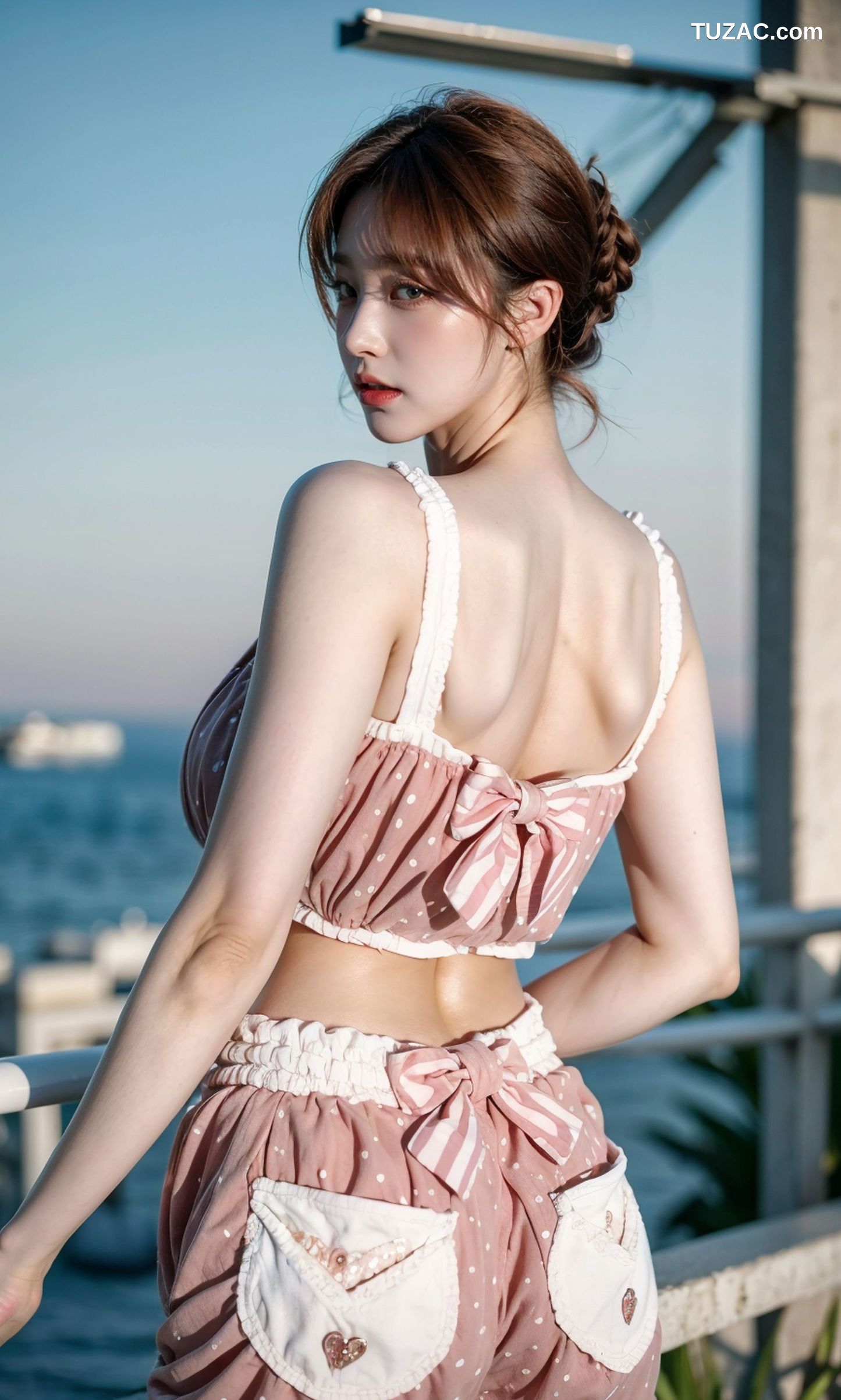 AI美女-拟实-可爱粉色吊带短裤户外