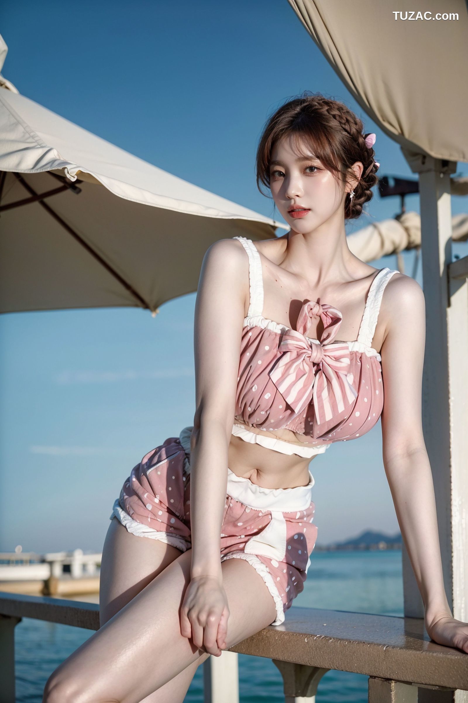 AI美女-拟实-可爱粉色吊带短裤户外