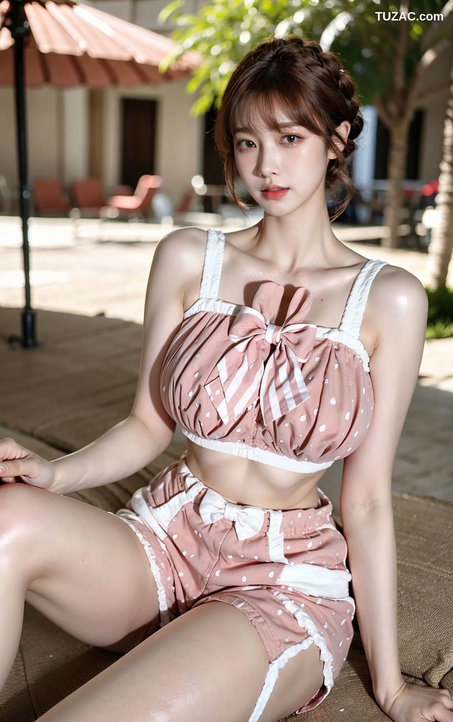 AI美女-拟实-可爱粉色吊带短裤户外