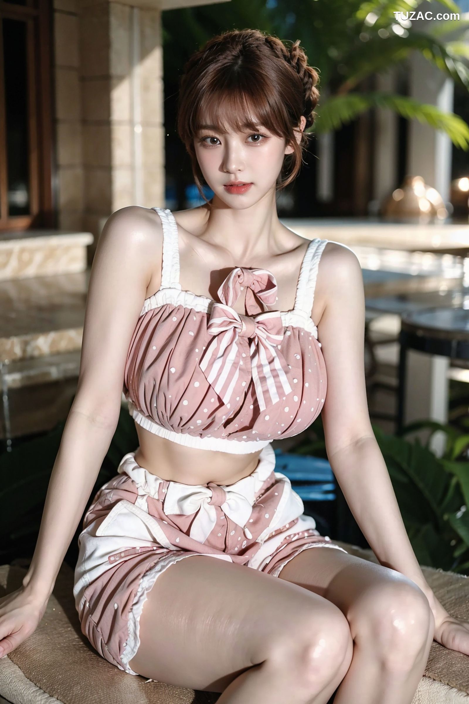 AI美女-拟实-可爱粉色吊带短裤户外