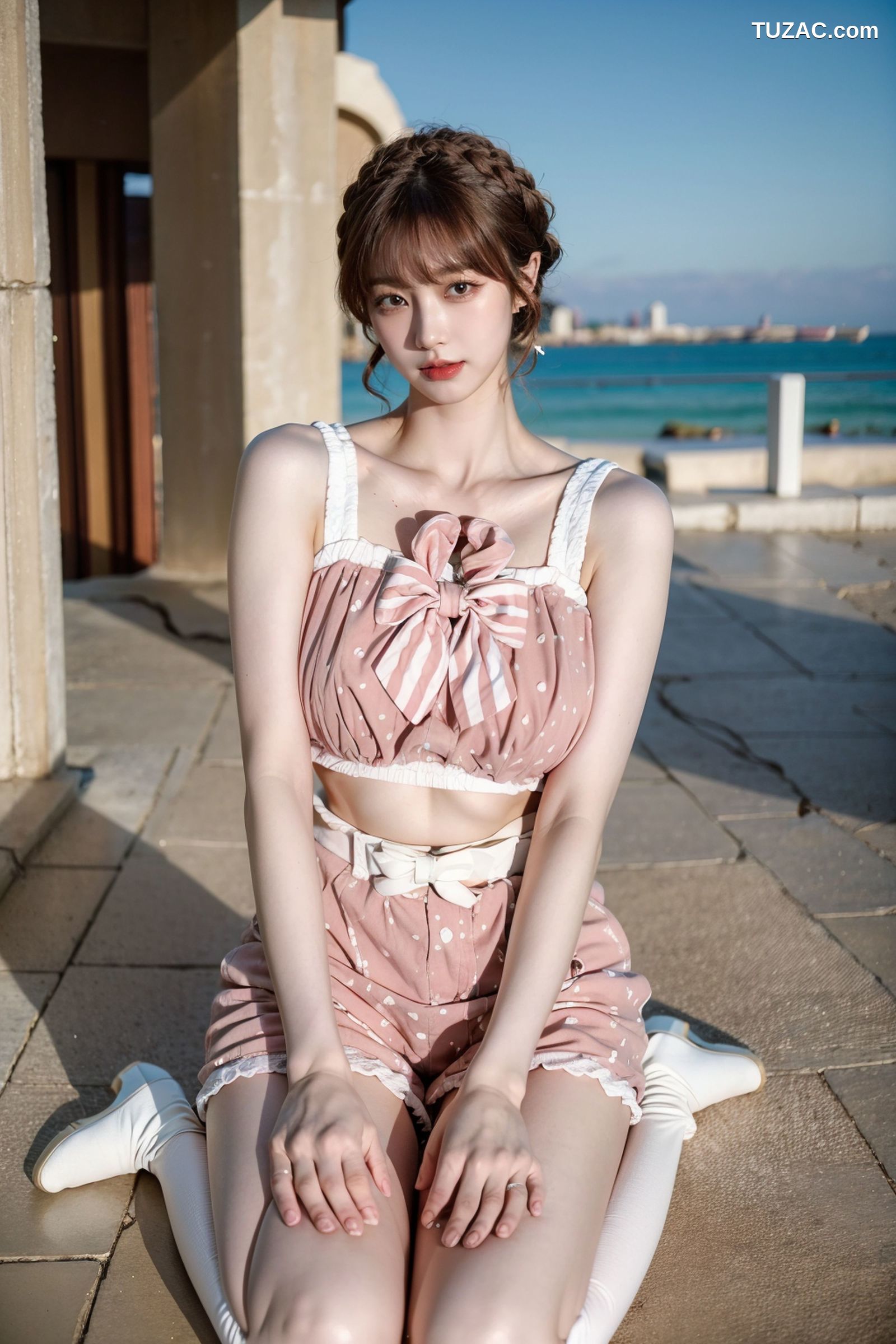 AI美女-拟实-可爱粉色吊带短裤户外