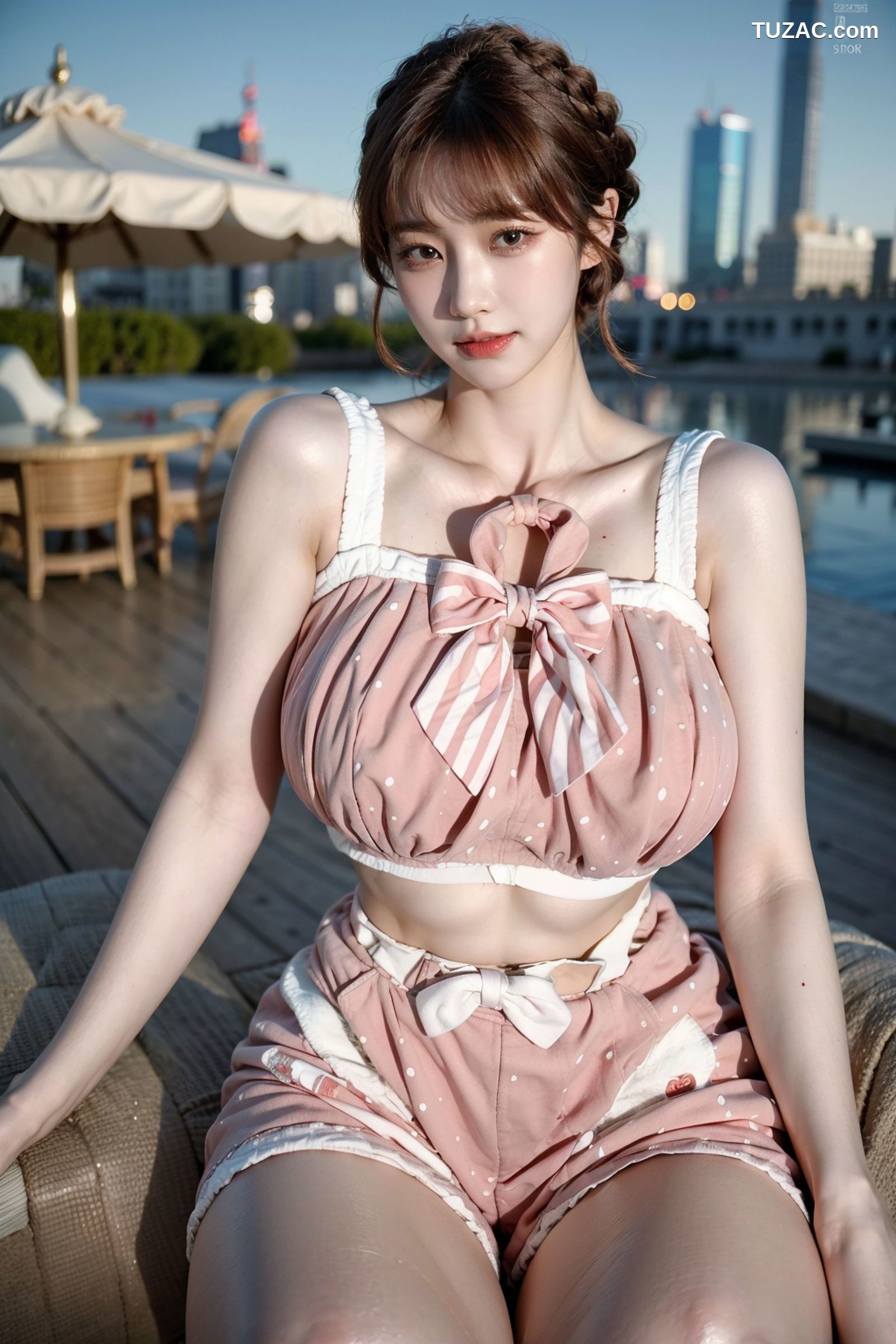 AI美女-拟实-可爱粉色吊带短裤户外