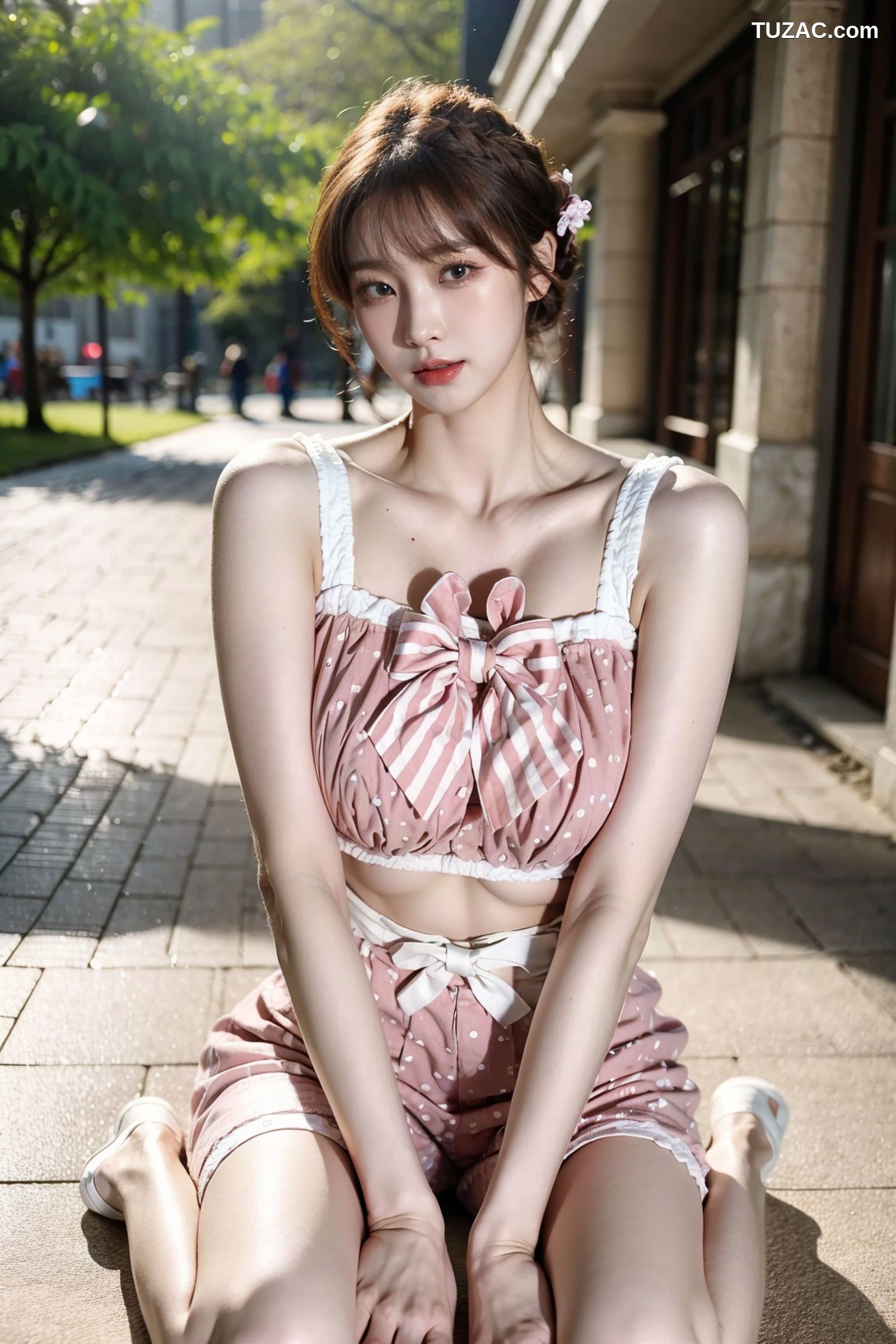 AI美女-拟实-可爱粉色吊带短裤户外