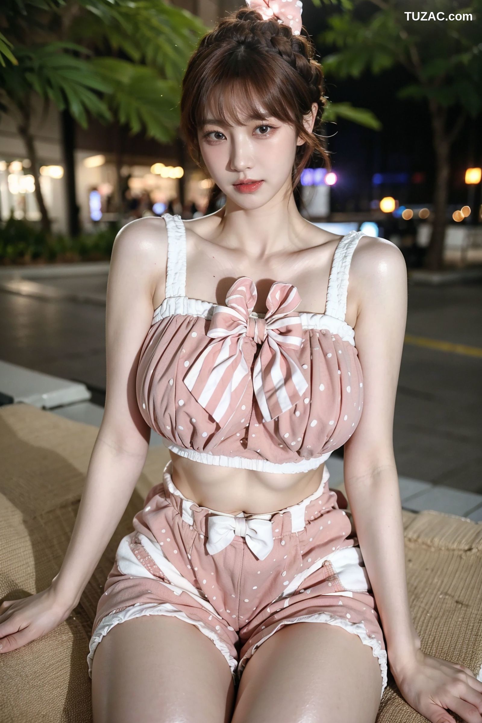 AI美女-拟实-可爱粉色吊带短裤户外