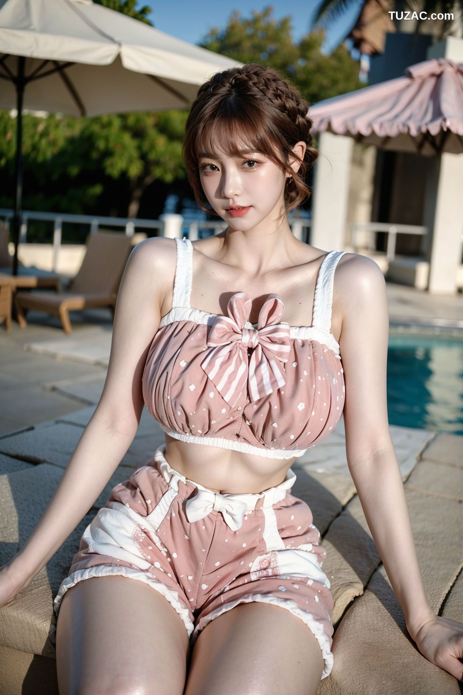 AI美女-拟实-可爱粉色吊带短裤户外