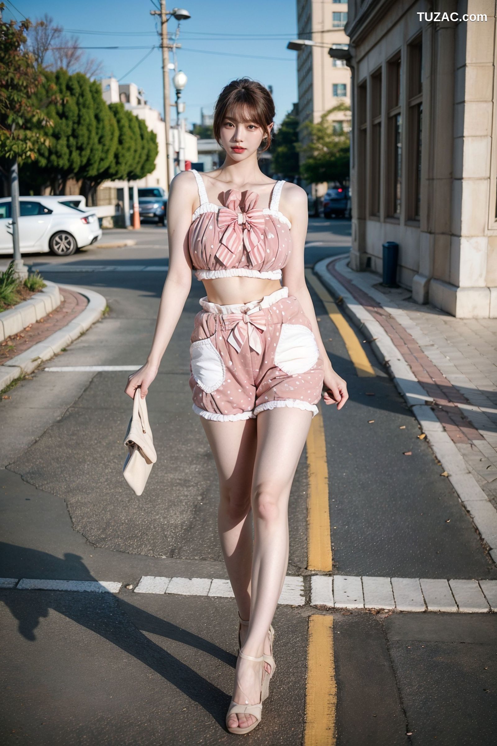 AI美女-拟实-可爱粉色吊带短裤户外