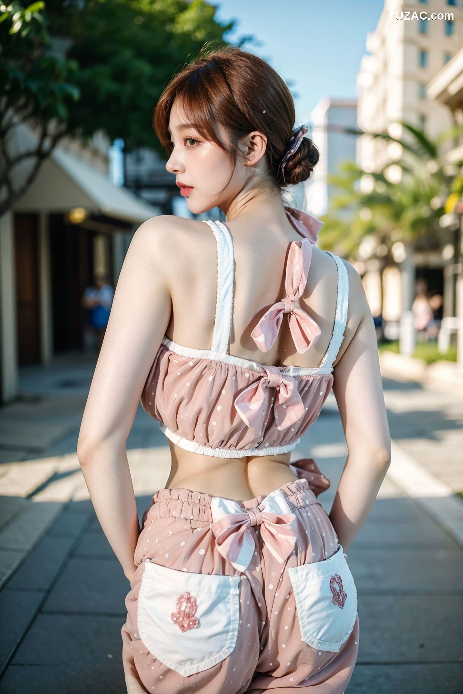 AI美女-拟实-可爱粉色吊带短裤户外