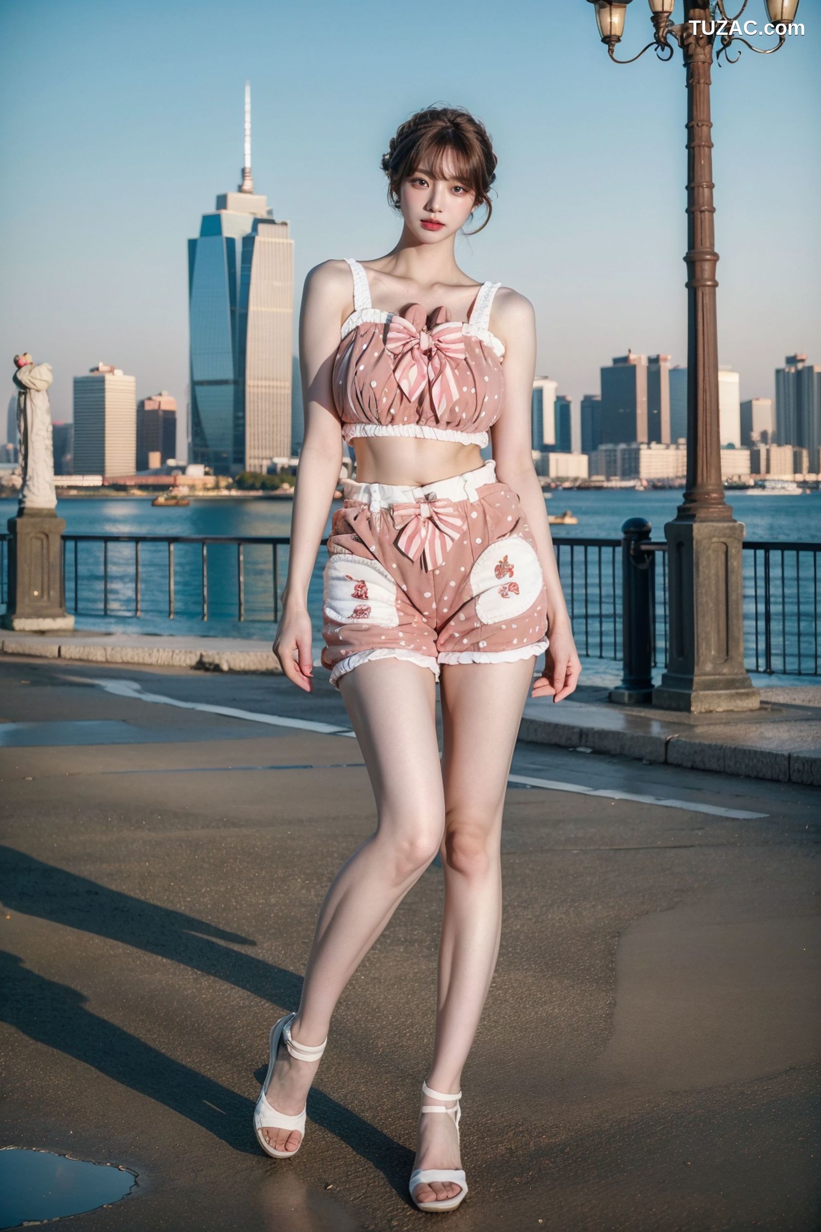 AI美女-拟实-可爱粉色吊带短裤户外