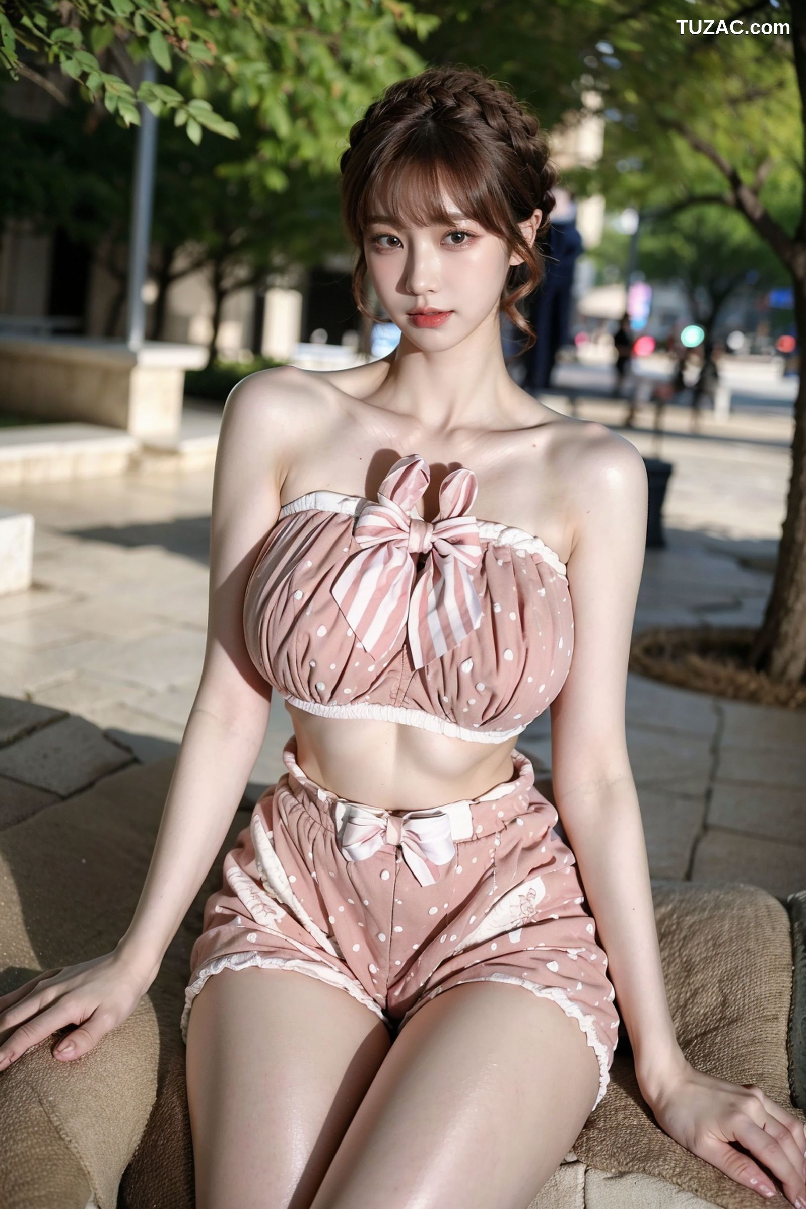 AI美女-拟实-可爱粉色吊带短裤户外