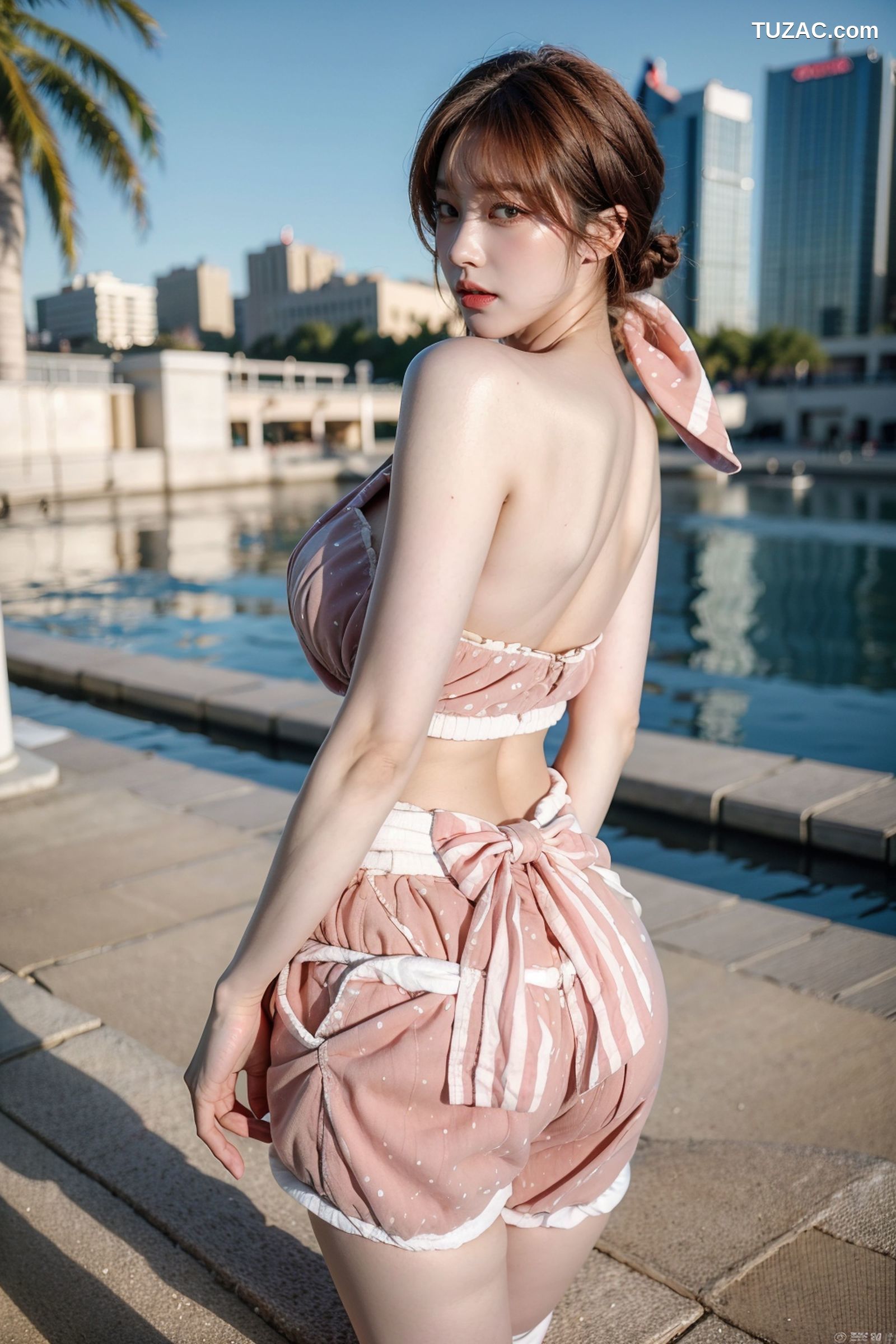 AI美女-拟实-可爱粉色吊带短裤户外