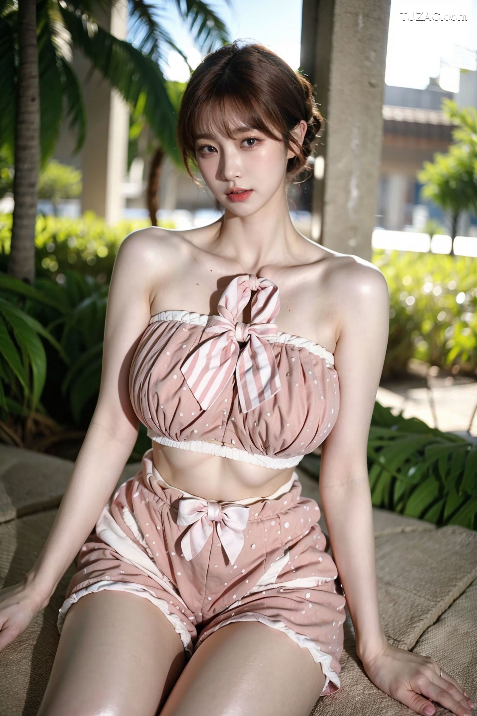 AI美女-拟实-可爱粉色吊带短裤户外