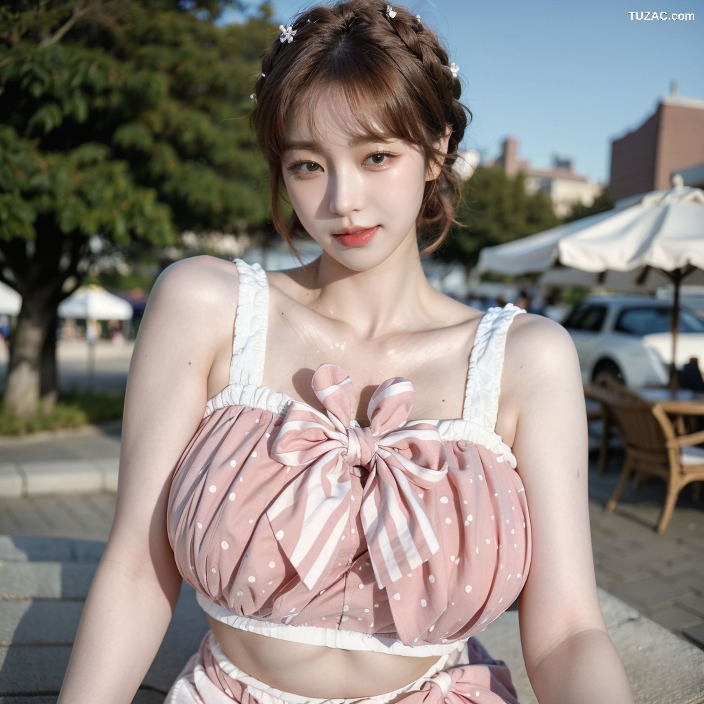 AI美女-拟实-可爱粉色吊带短裤户外