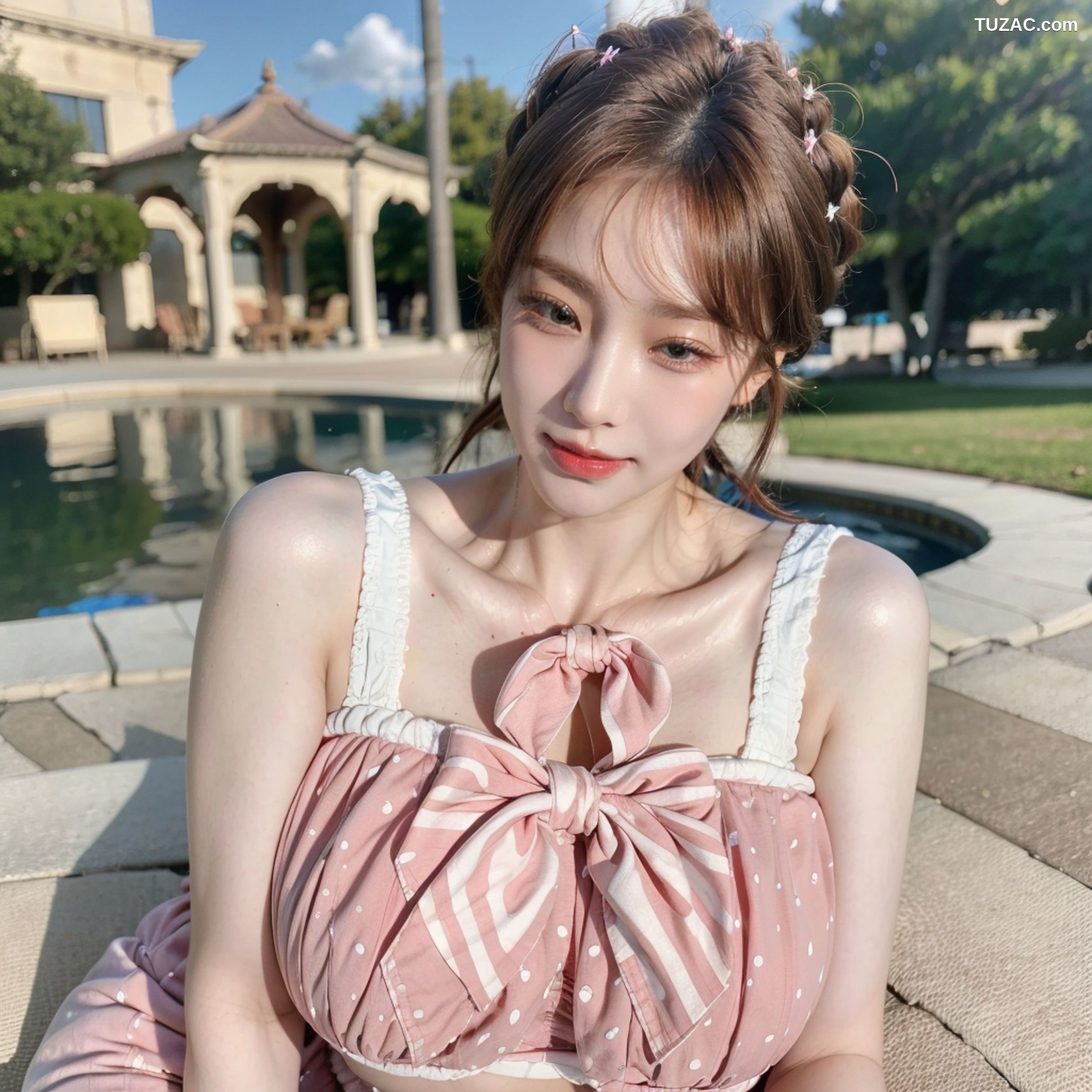 AI美女-拟实-可爱粉色吊带短裤户外