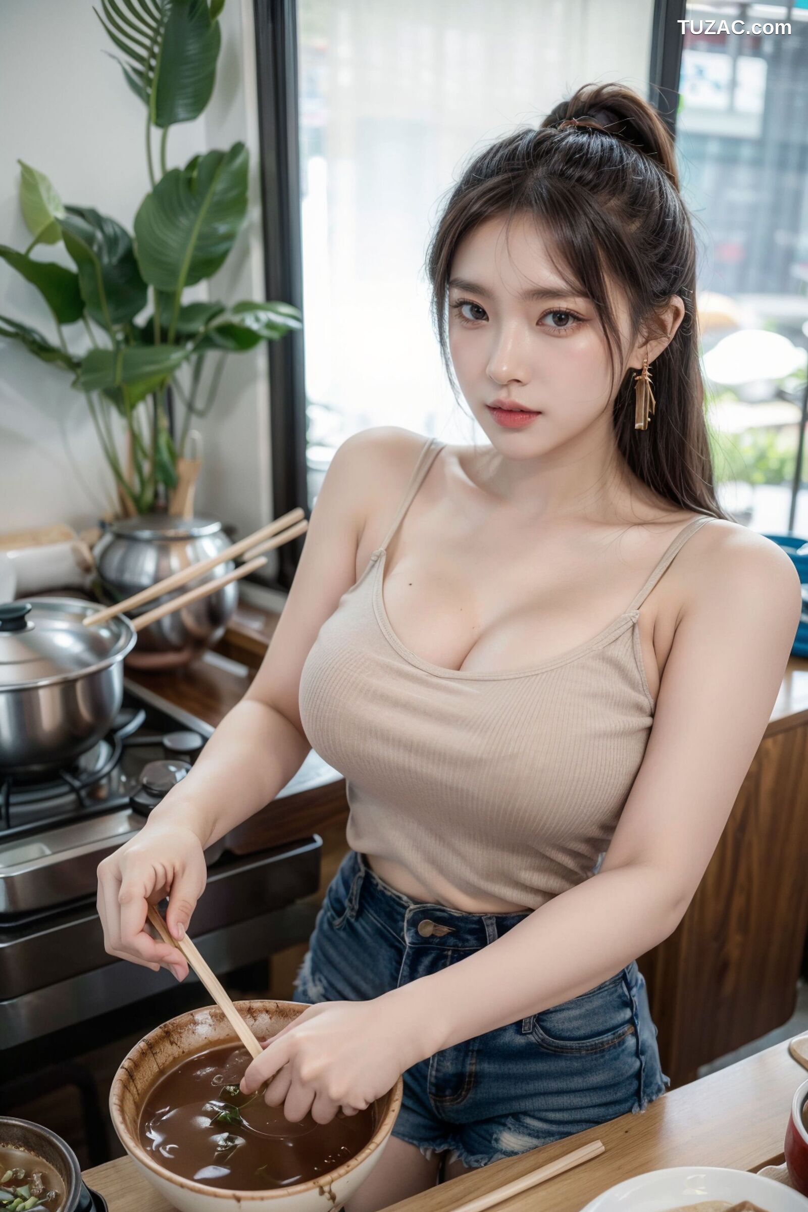AI美女-拟实-吊带牛仔短裤厨娘