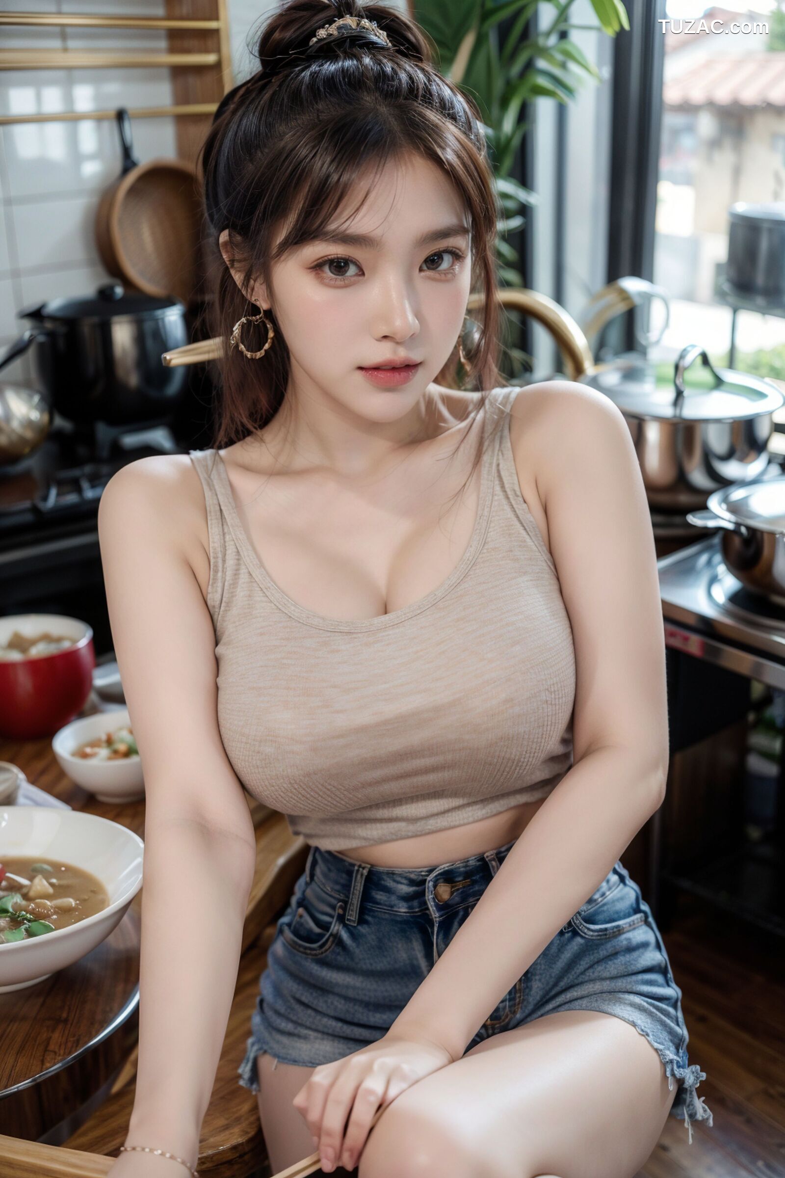 AI美女-拟实-吊带牛仔短裤厨娘