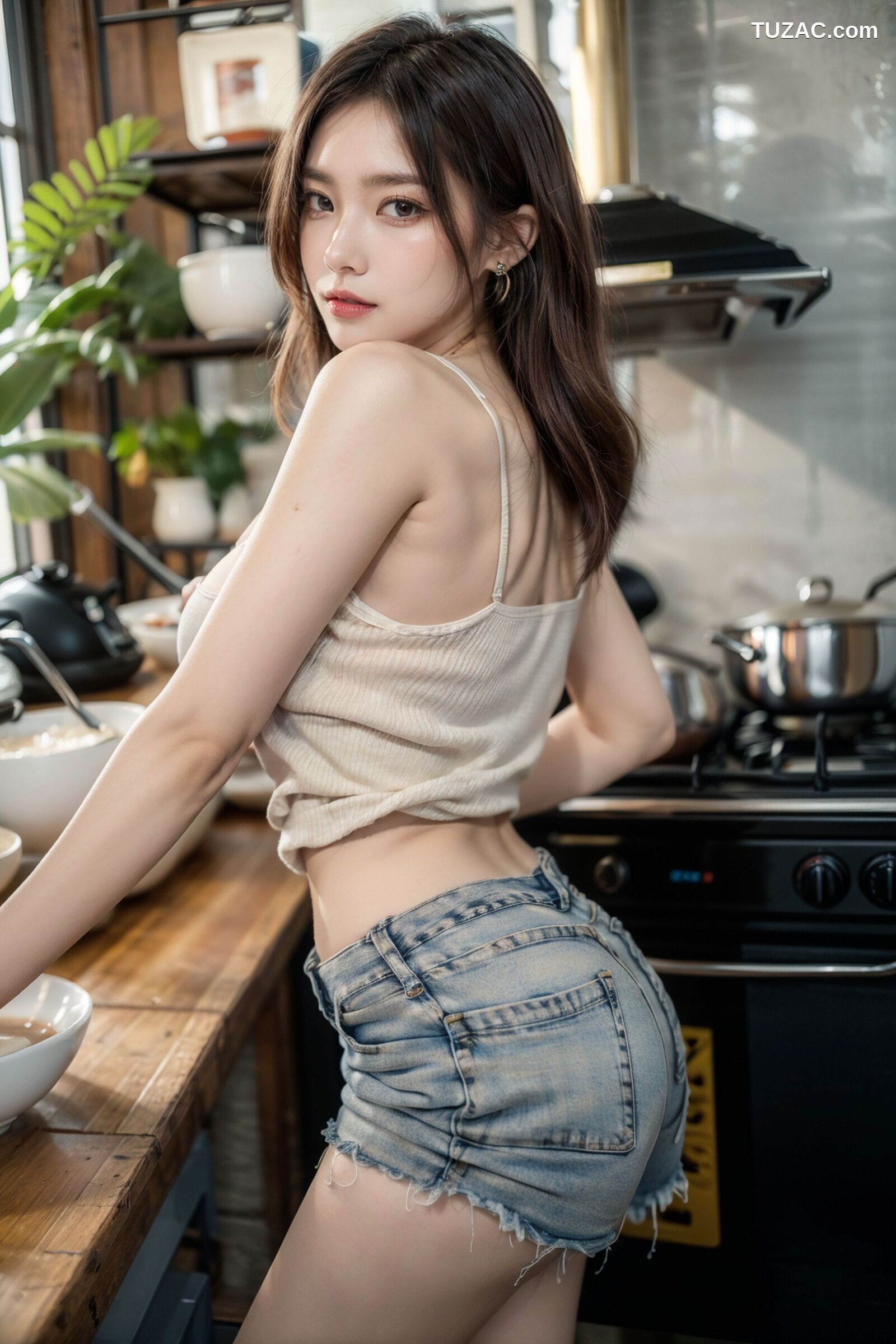 AI美女-拟实-吊带牛仔短裤厨娘