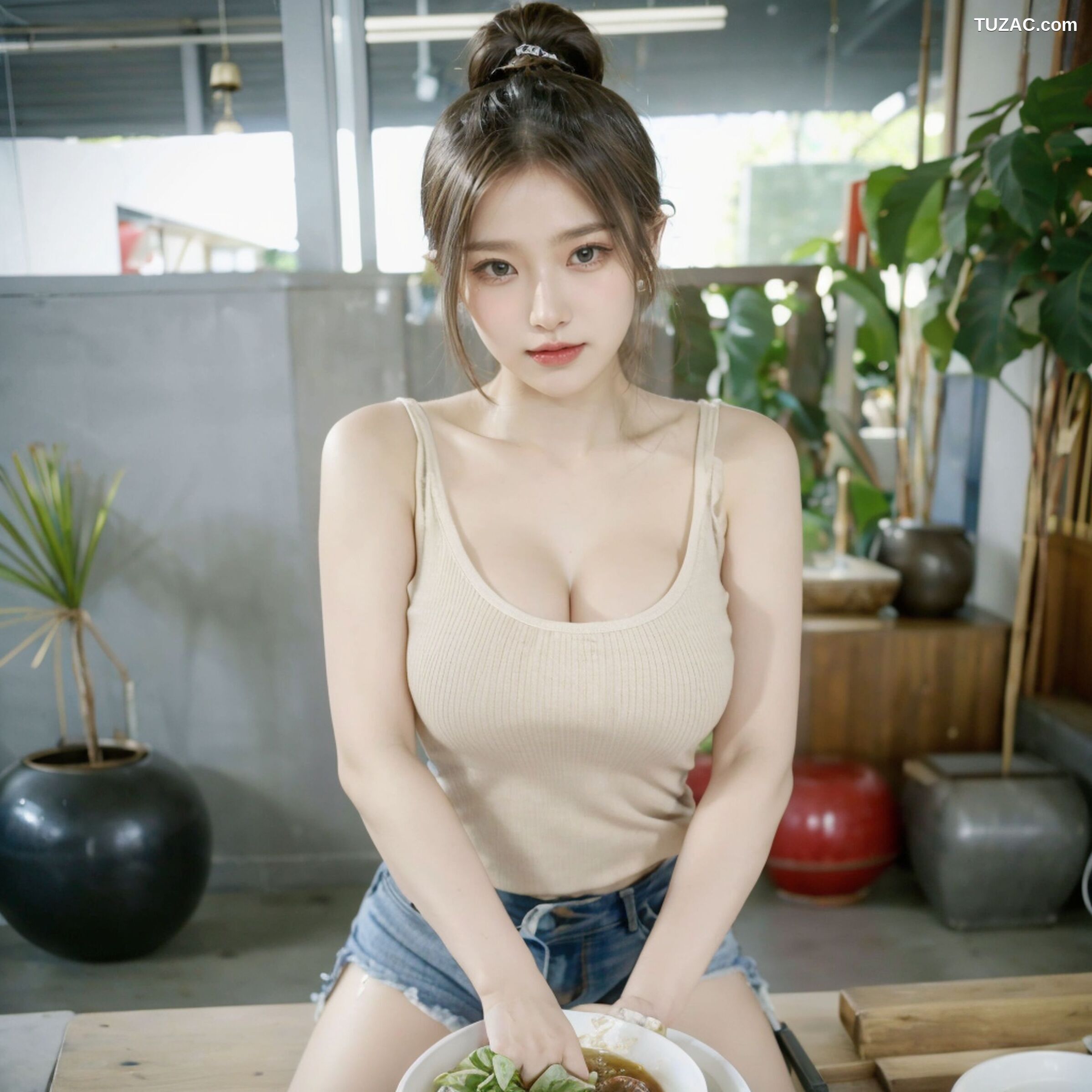 AI美女-拟实-吊带牛仔短裤厨娘