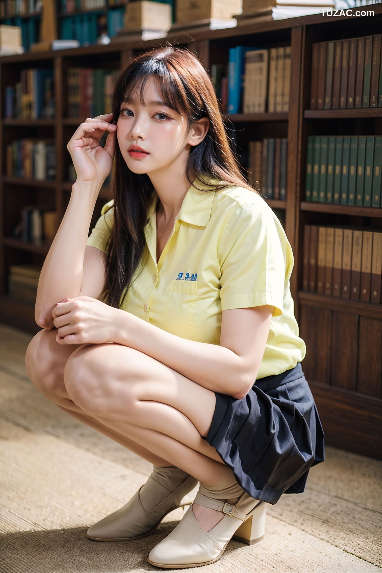 AI美女-拟实-图书馆-黄衬衫黑短裙