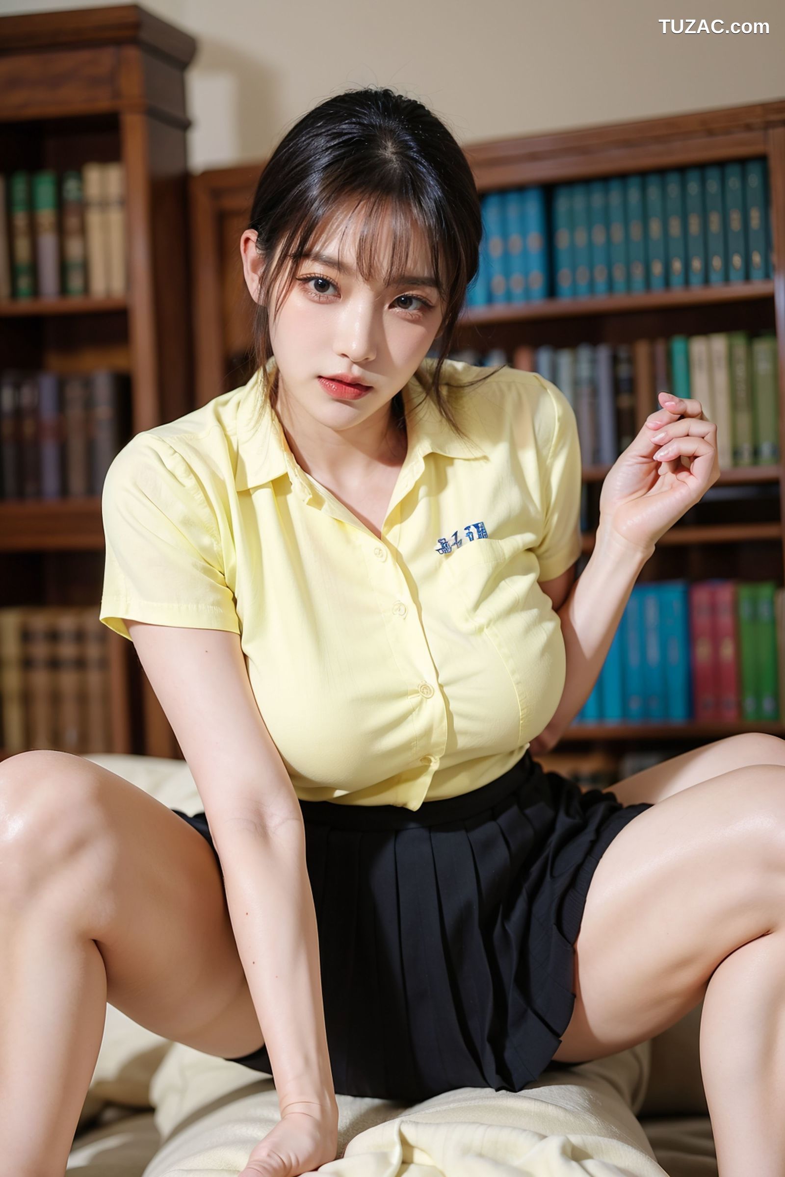 AI美女-拟实-图书馆-黄衬衫黑短裙