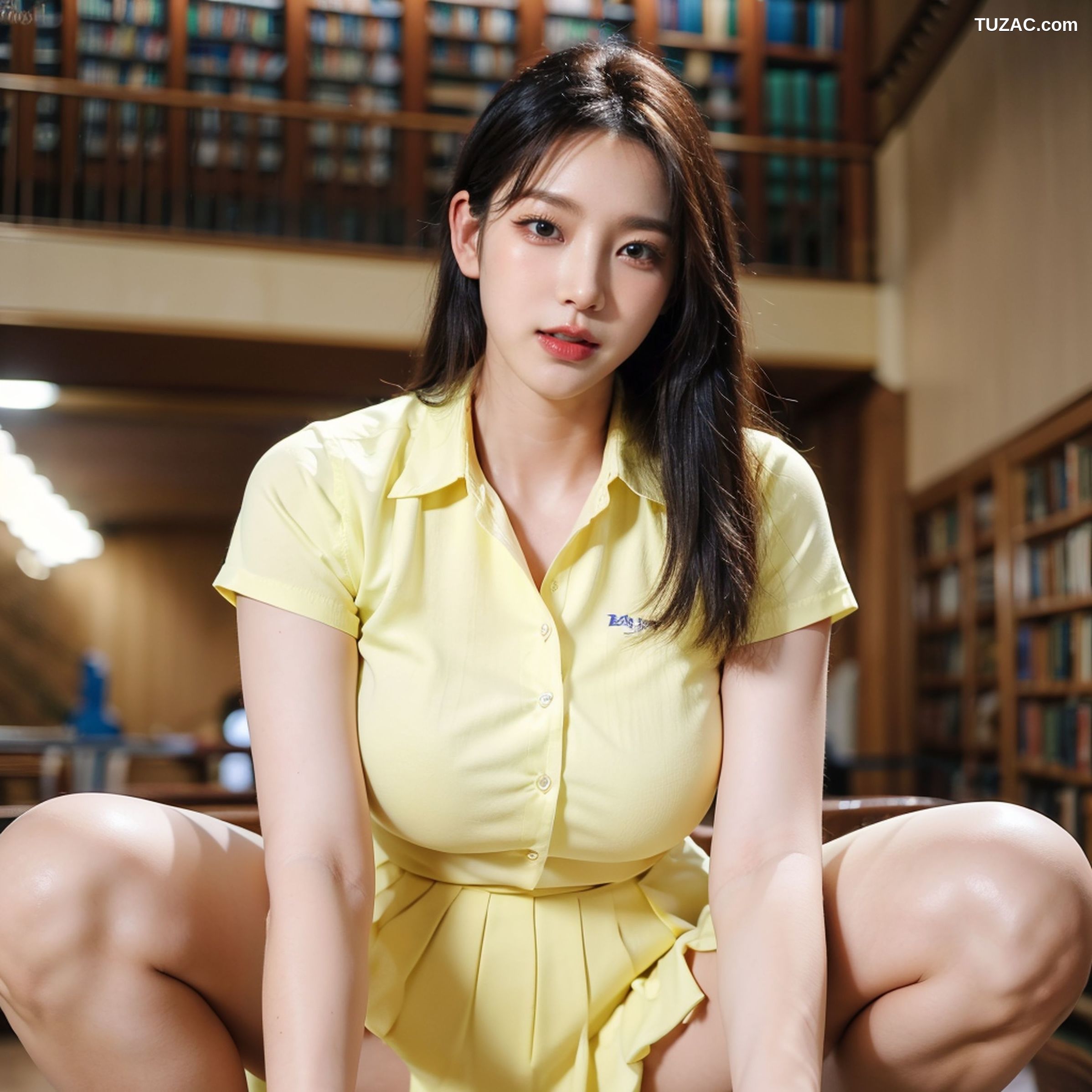 AI美女-拟实-图书馆-黄衬衫黑短裙
