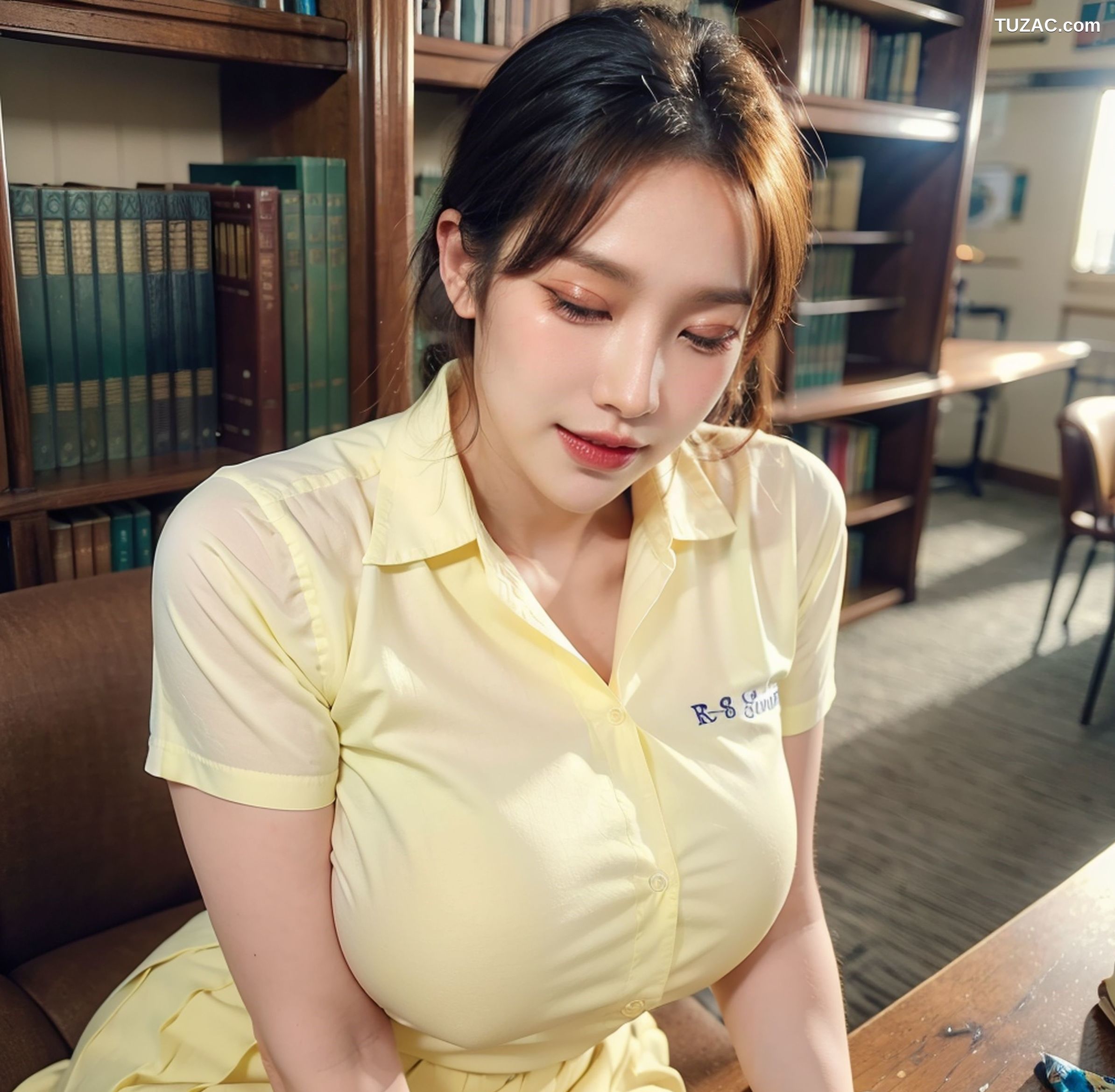 AI美女-拟实-图书馆-黄衬衫黑短裙