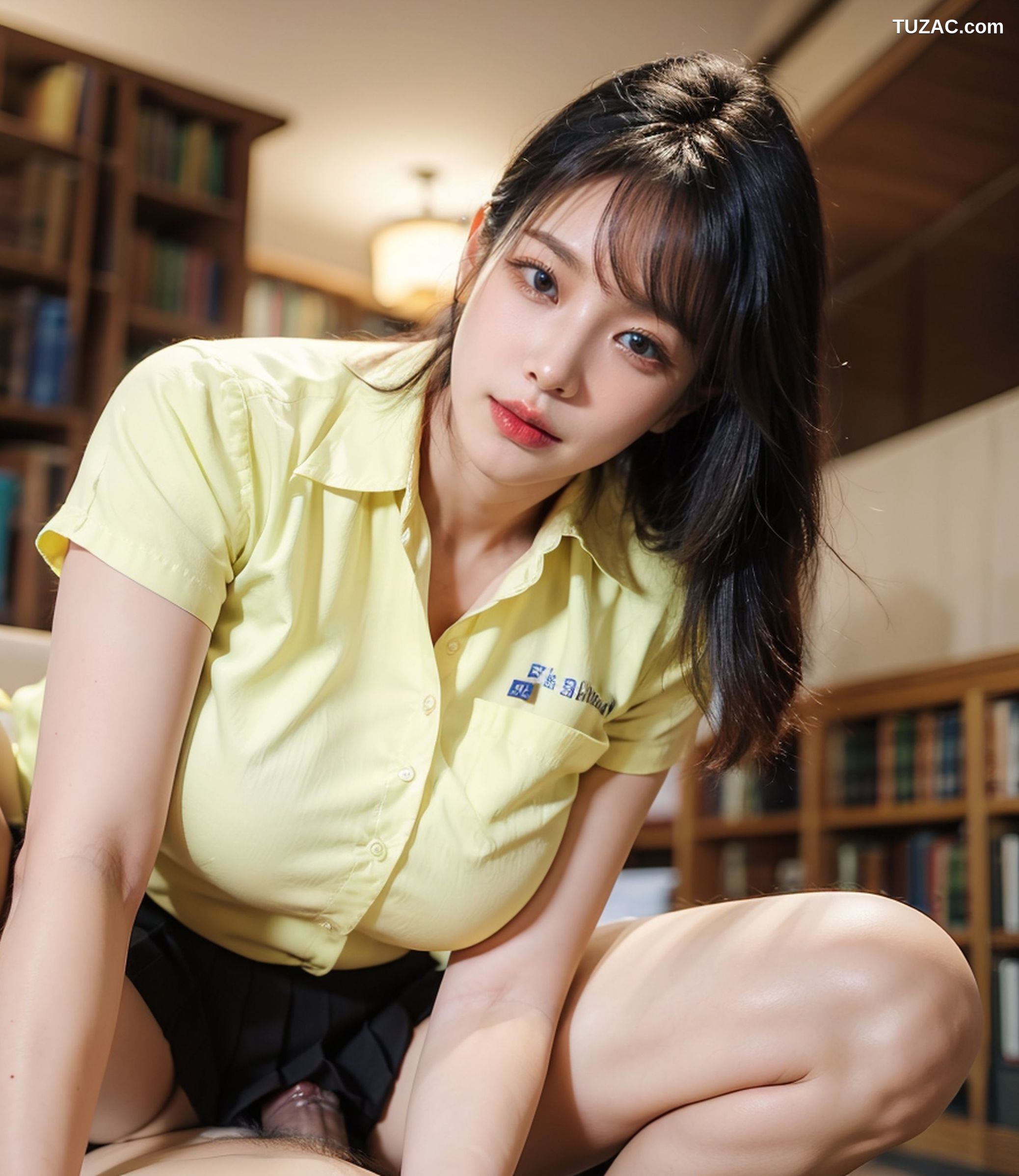 AI美女-拟实-图书馆-黄衬衫黑短裙
