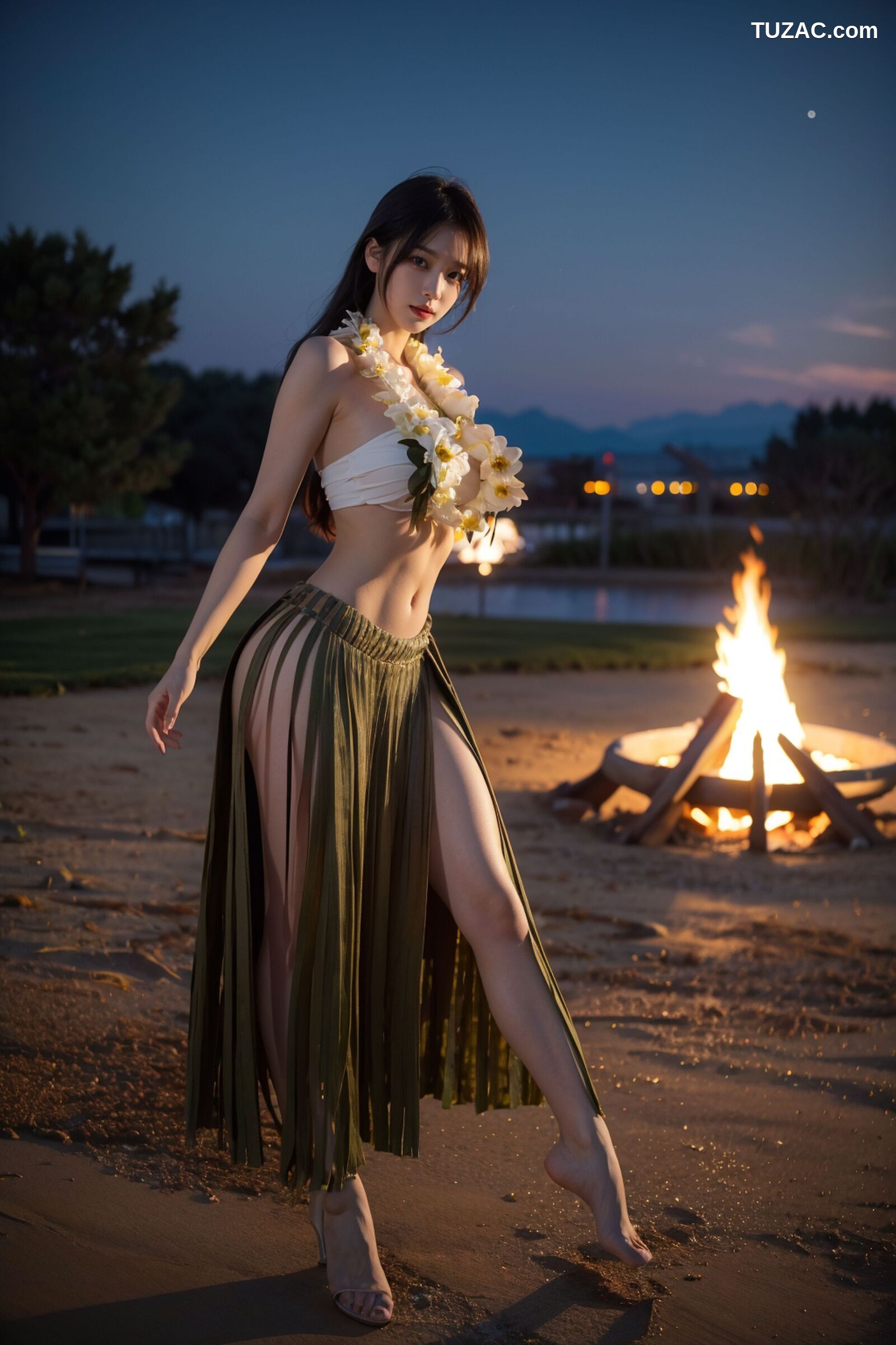 AI美女-拟实-夏威夷草裙花环少女篝火夜