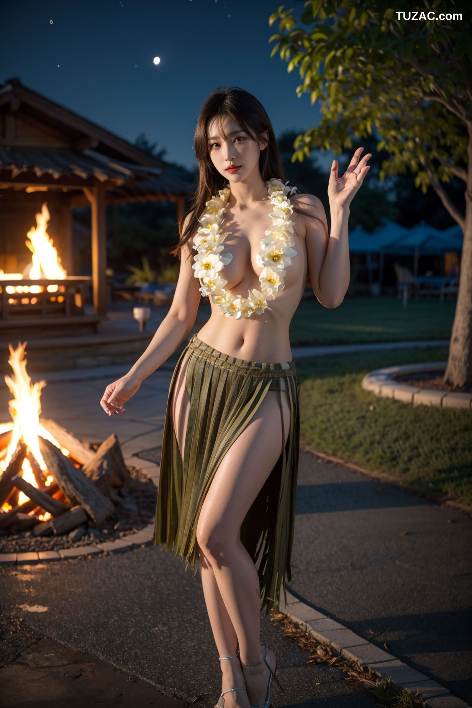 AI美女-拟实-夏威夷草裙花环少女篝火夜
