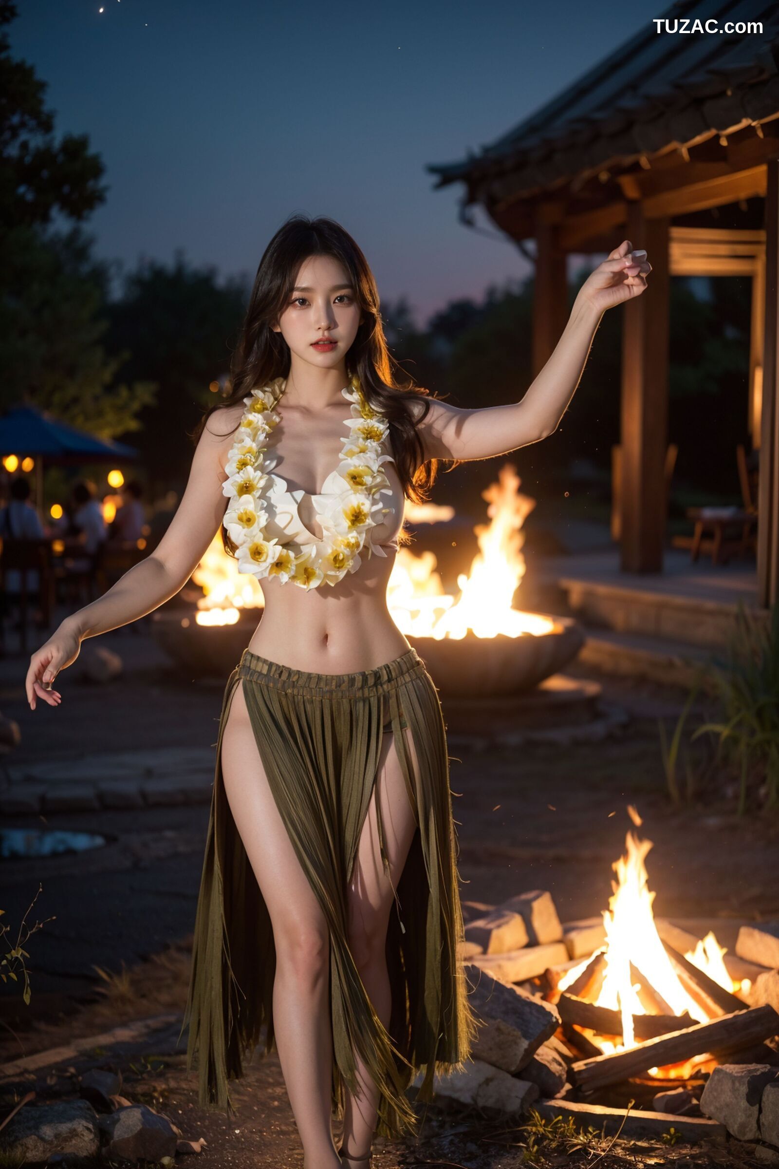 AI美女-拟实-夏威夷草裙花环少女篝火夜