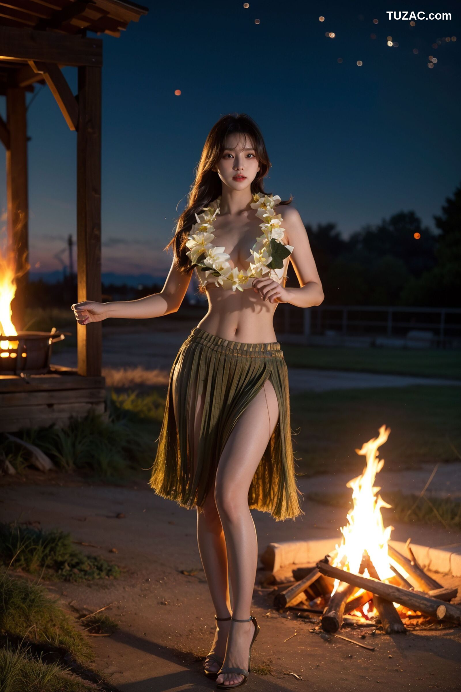 AI美女-拟实-夏威夷草裙花环少女篝火夜