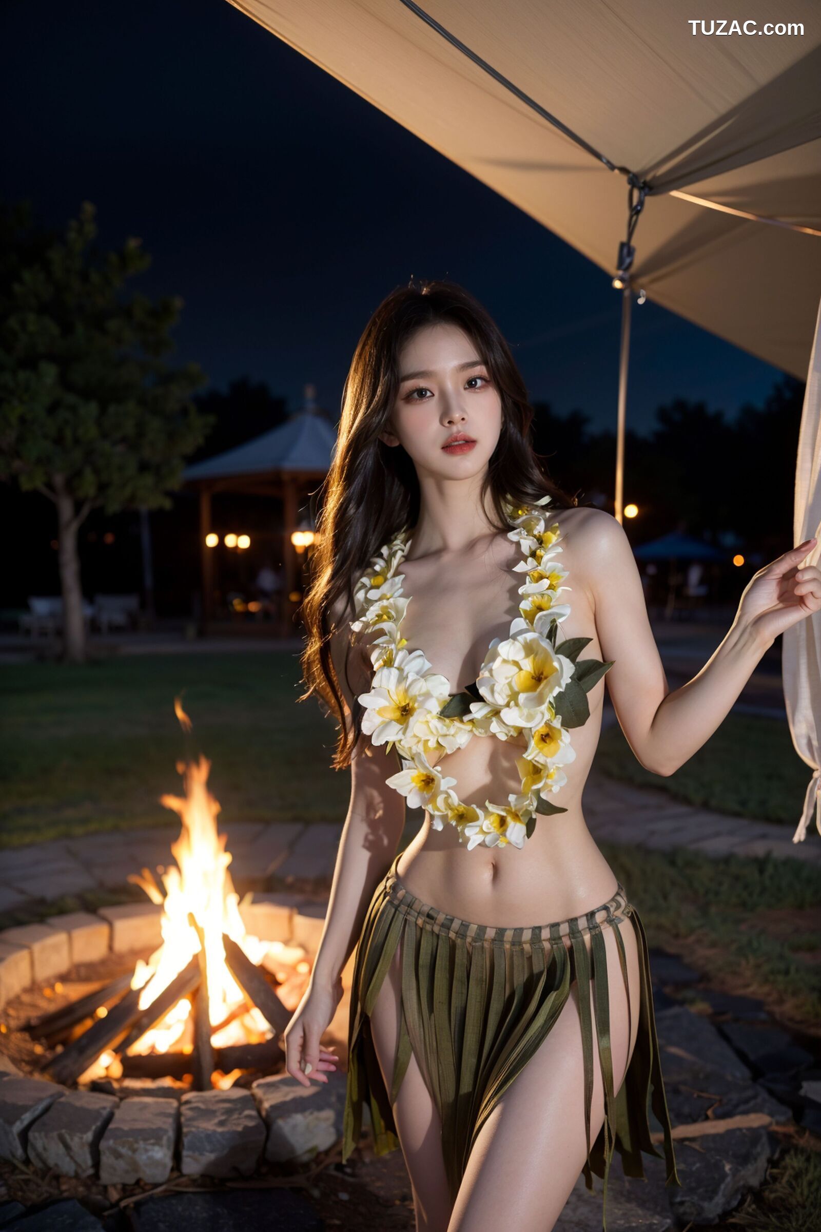 AI美女-拟实-夏威夷草裙花环少女篝火夜