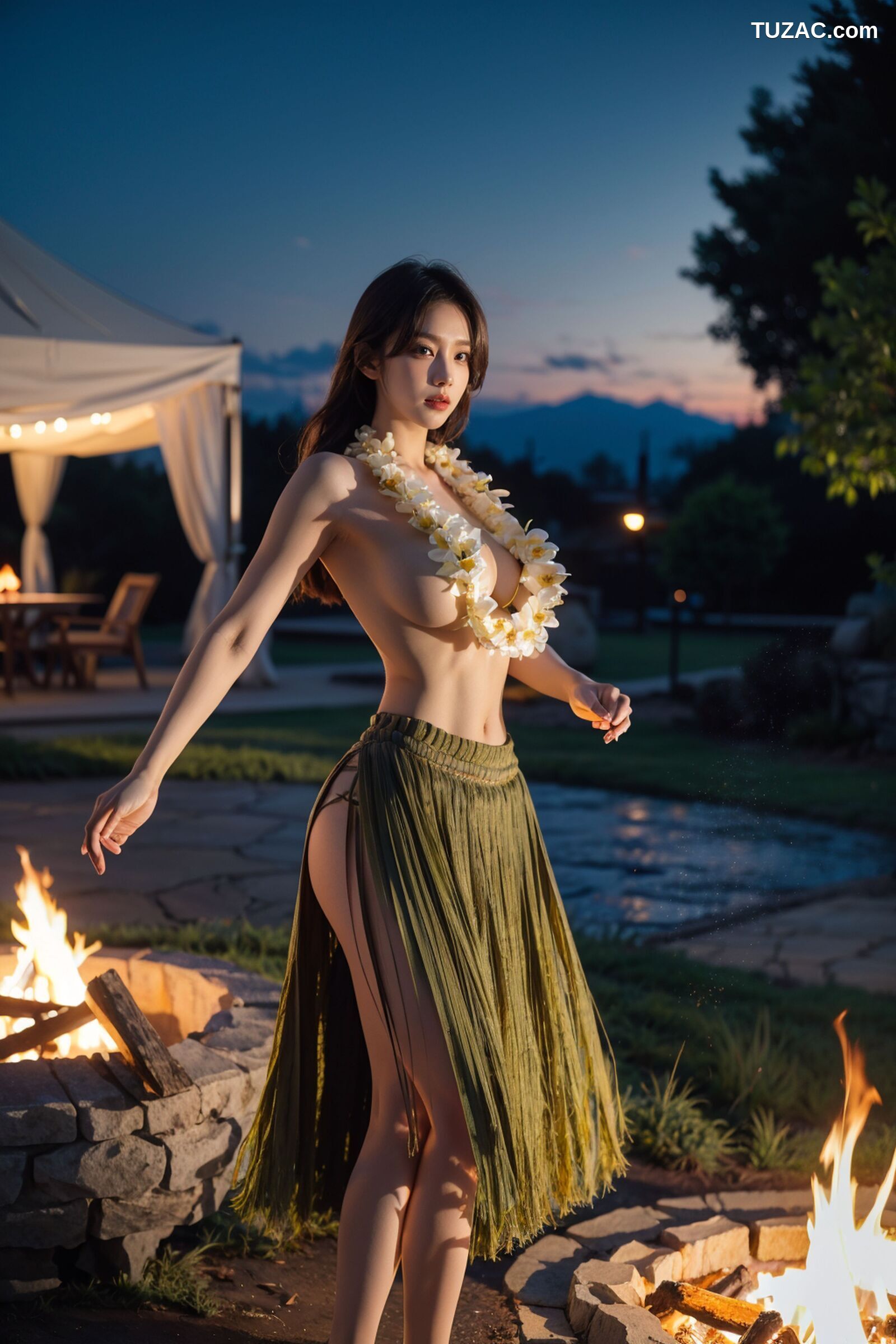 AI美女-拟实-夏威夷草裙花环少女篝火夜