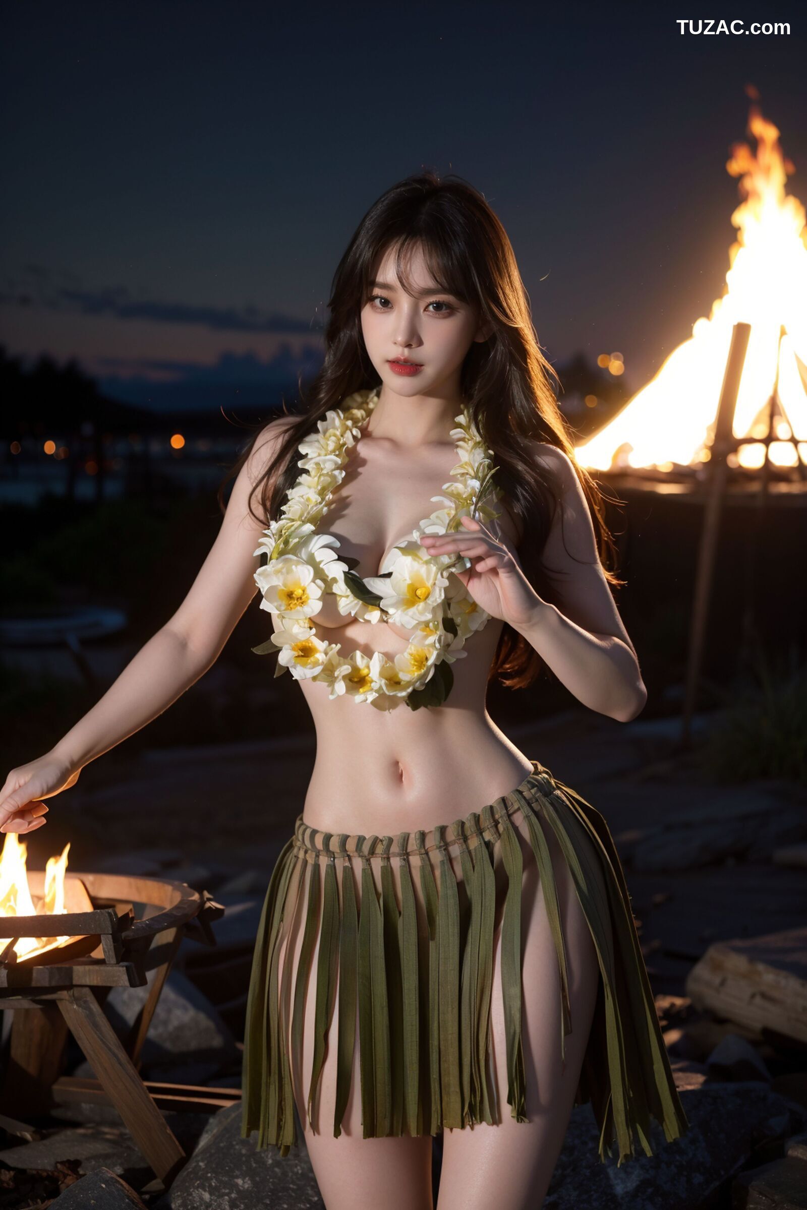AI美女-拟实-夏威夷草裙花环少女篝火夜