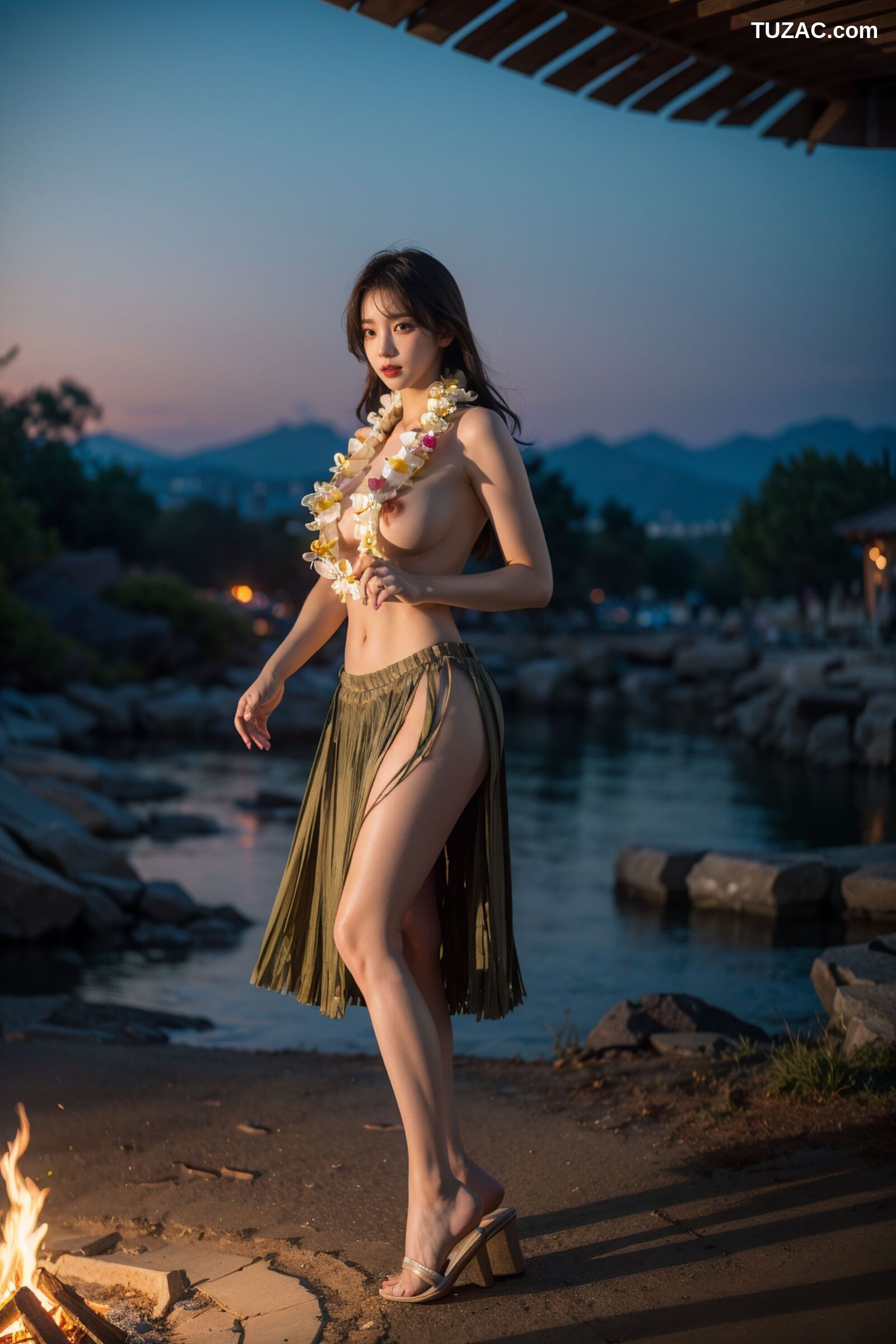 AI美女-拟实-夏威夷草裙花环少女篝火夜