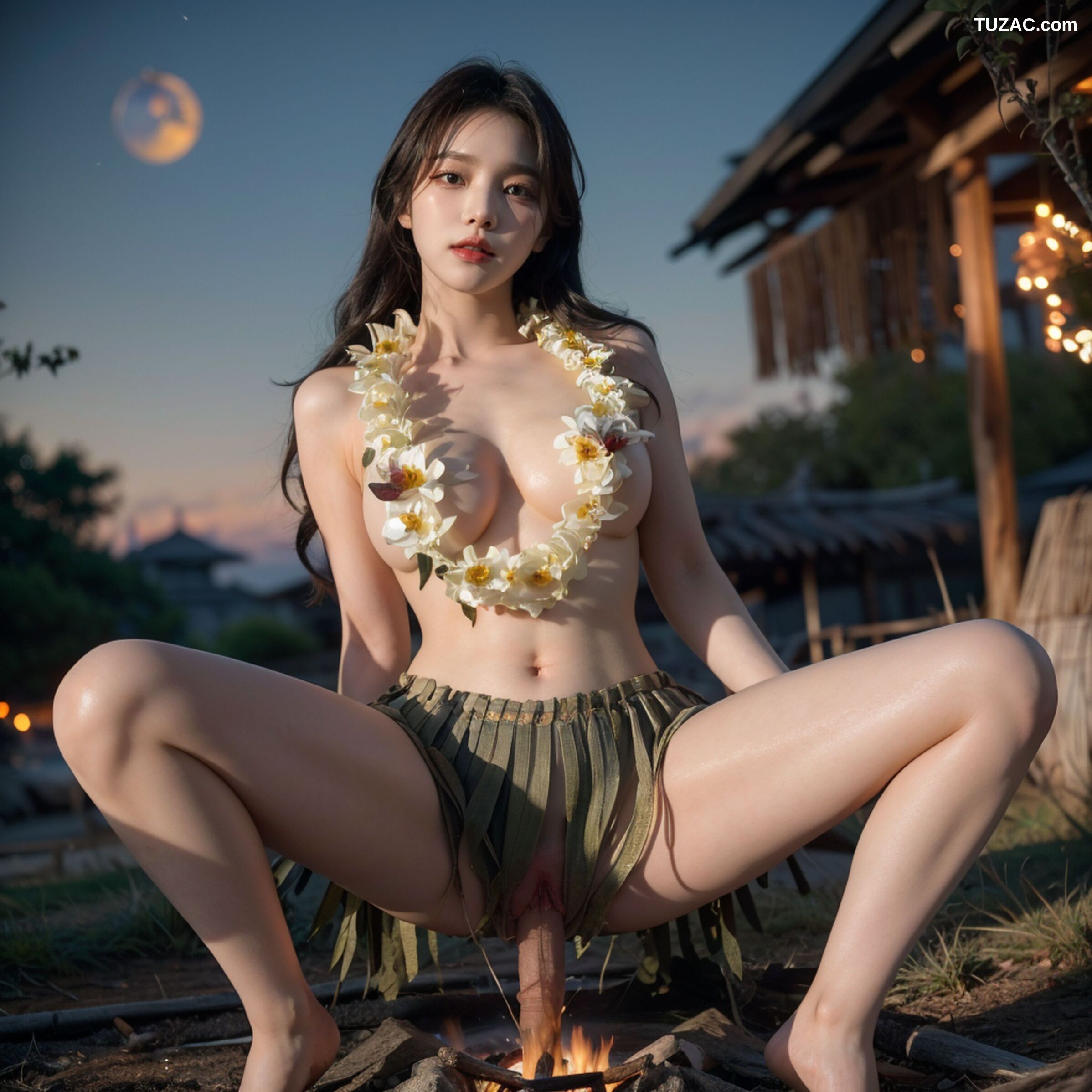 AI美女-拟实-夏威夷草裙花环少女篝火夜