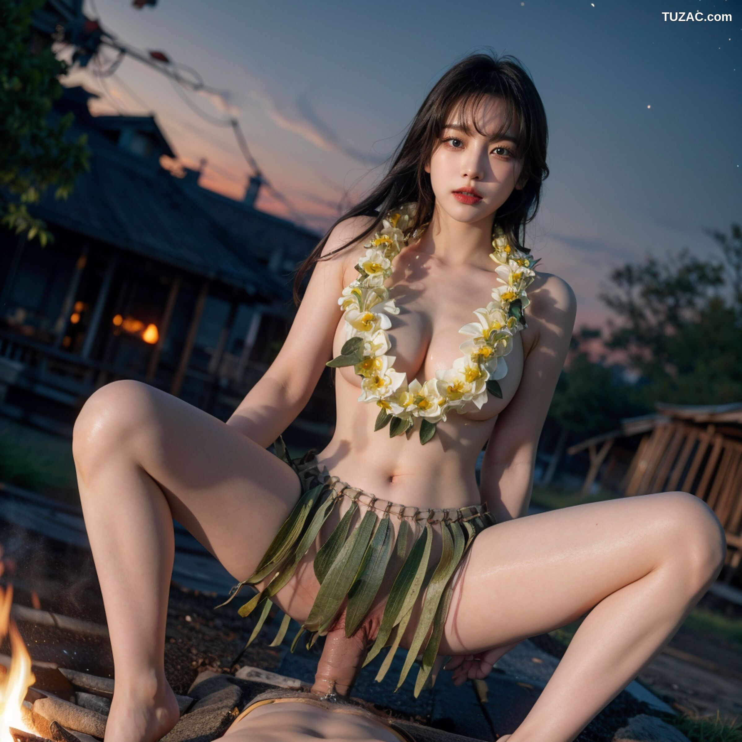 AI美女-拟实-夏威夷草裙花环少女篝火夜