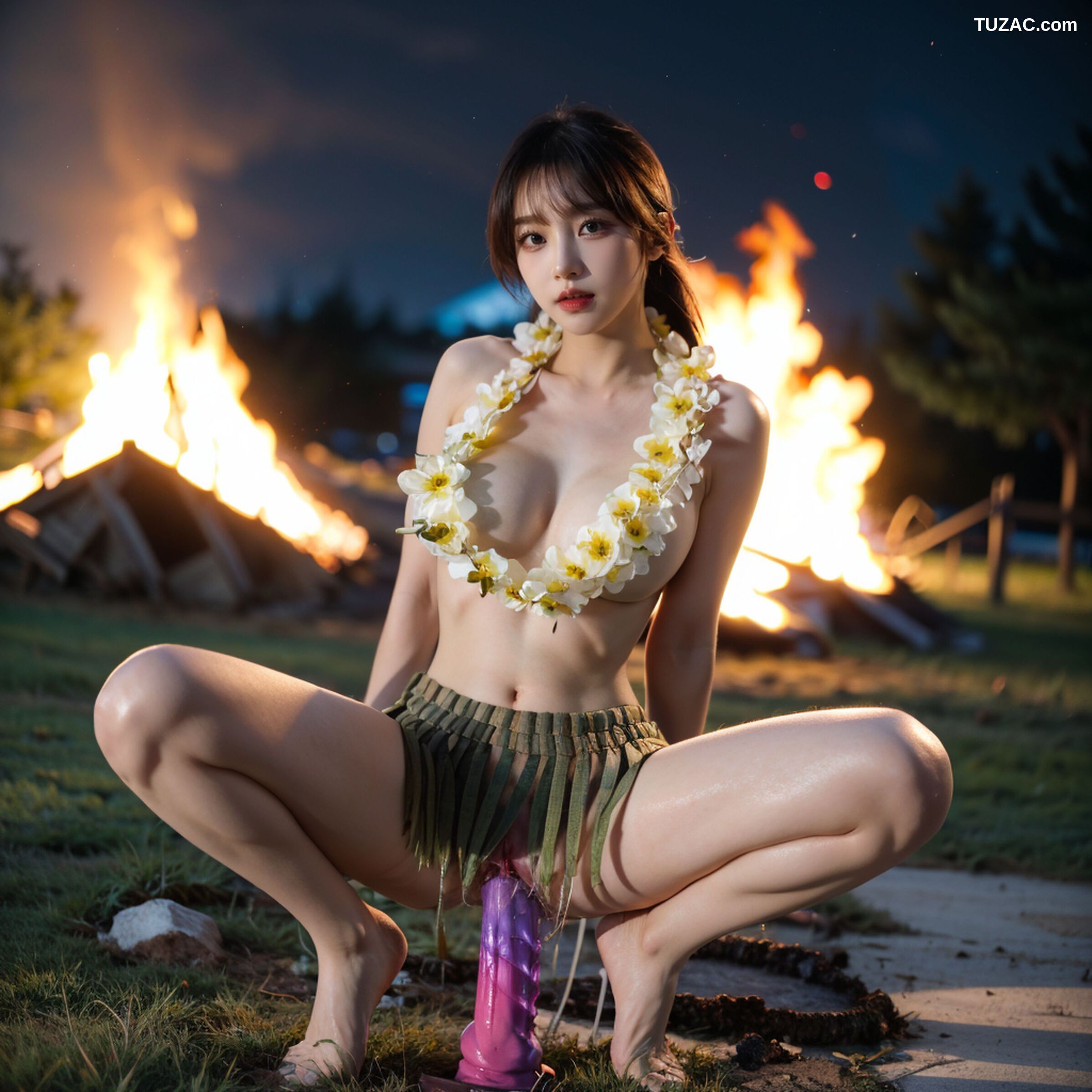AI美女-拟实-夏威夷草裙花环少女篝火夜