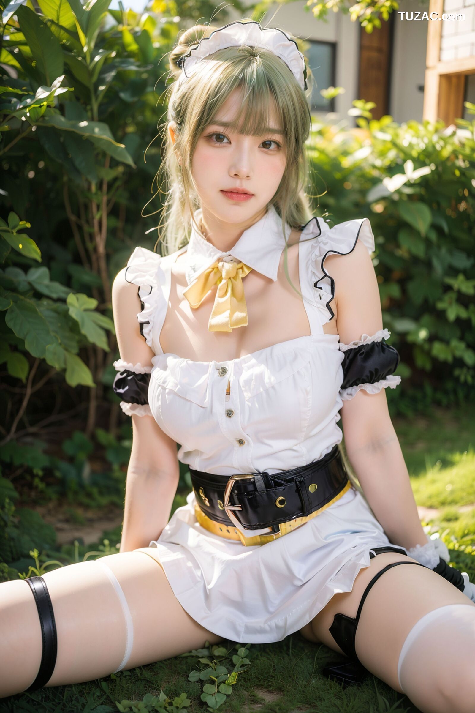 AI美女-拟实-女仆装白衫黑短裙户外绿地