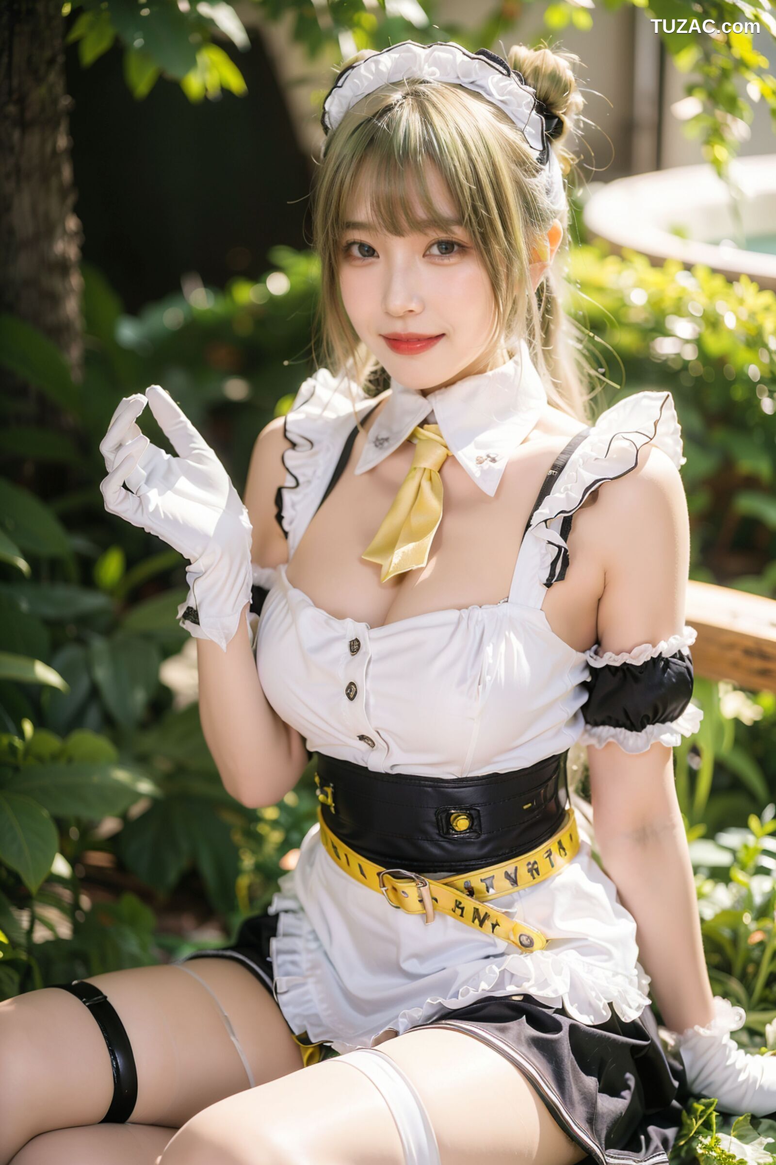 AI美女-拟实-女仆装白衫黑短裙户外绿地