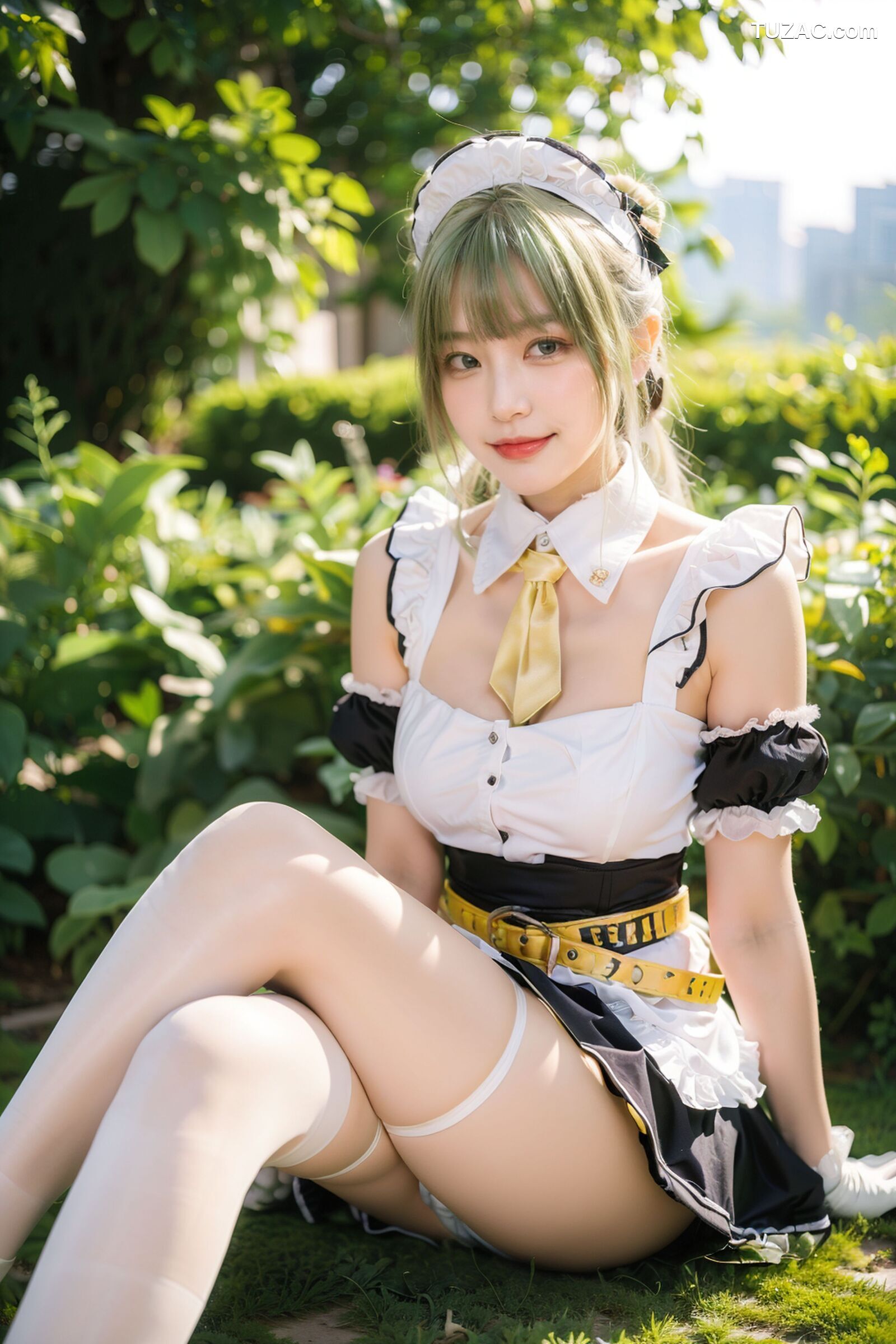 AI美女-拟实-女仆装白衫黑短裙户外绿地